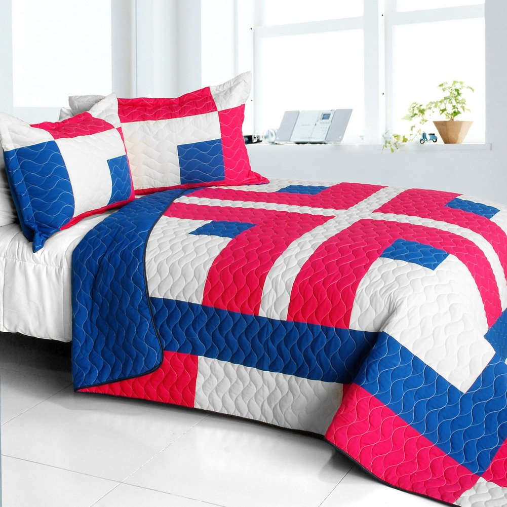 Vermicelli-Quilted Patchwork Geometric Quilt Set Full/Queen Size - Stylish & Comfortable Bedding for Modern Bedrooms, Guest Rooms & Cozy Home Decor