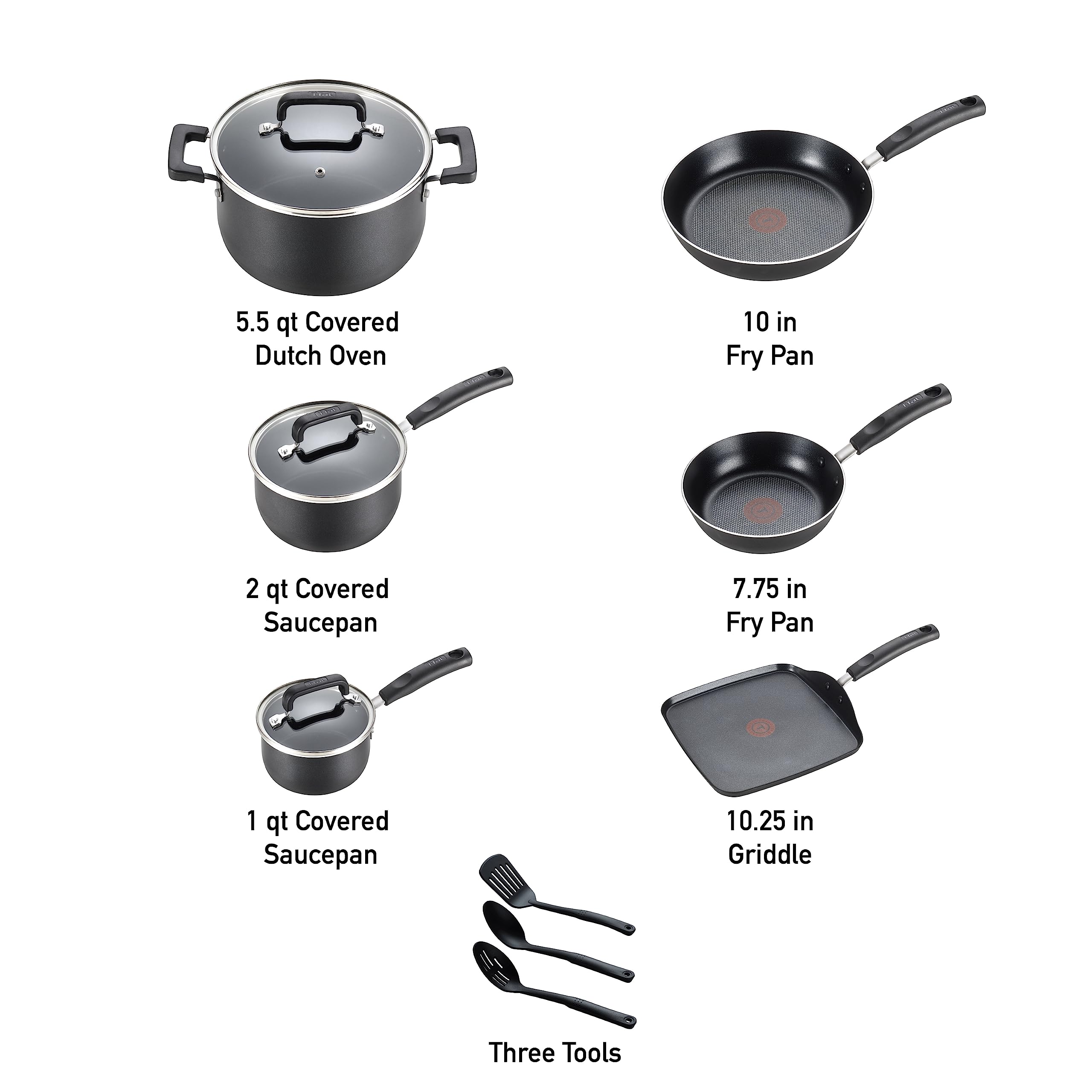 T-fal Signature 12-Piece Nonstick Cookware Set - Oven & Broiler Safe to 350°F - Includes Fry Pans, Saucepans, Saute Pan, Dutch Oven & Griddle - Dishwasher Safe Black Kitchen Essentials for Home Cooking, Baking & Meal Prep