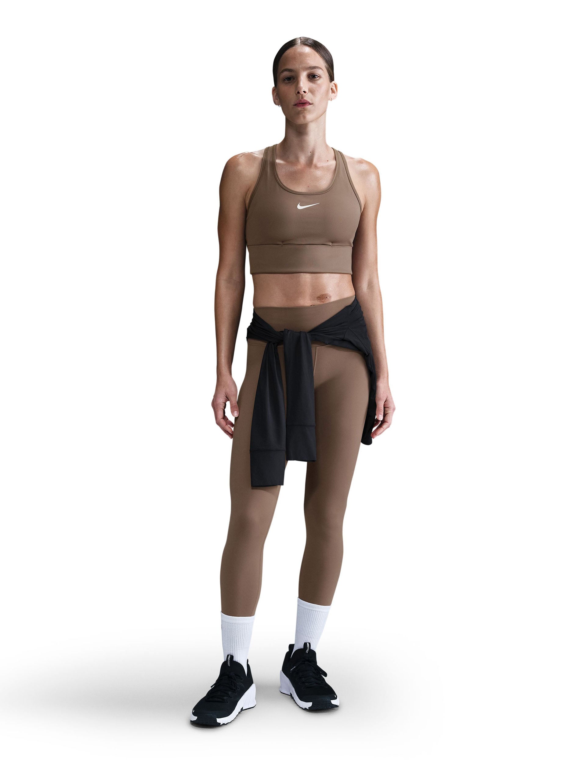 Swoosh Pocket Medium Support Sports Bra - Mink Brown/White - High Impact Workout, Running, Yoga & Gym Activewear for Women