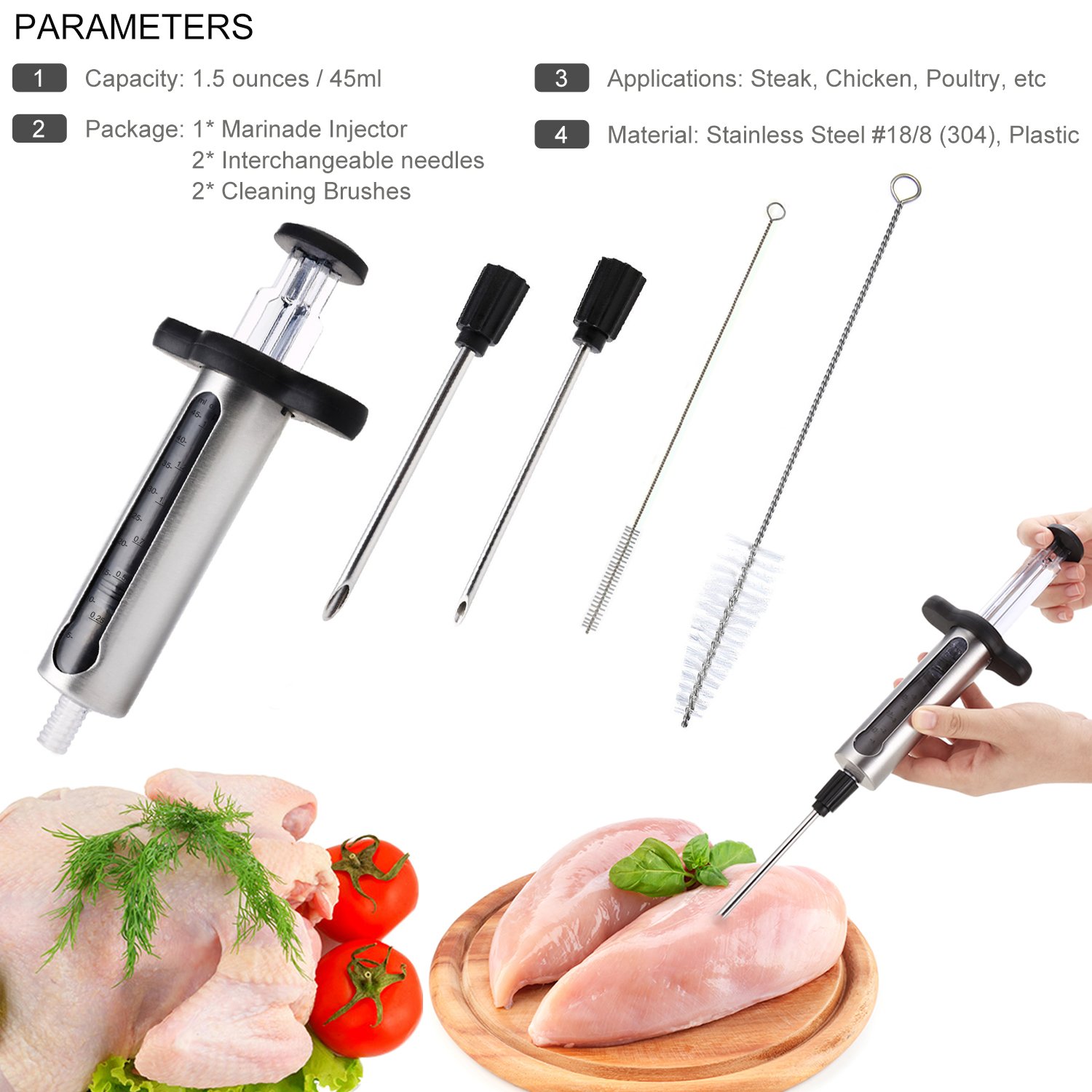 Premium Stainless Steel Meat Injector Kit - 2 Professional Marinade Needles with Measurement Window & Cleaning Brushes - Perfect for BBQ, Grilling, Smoking, and Home Cooking
