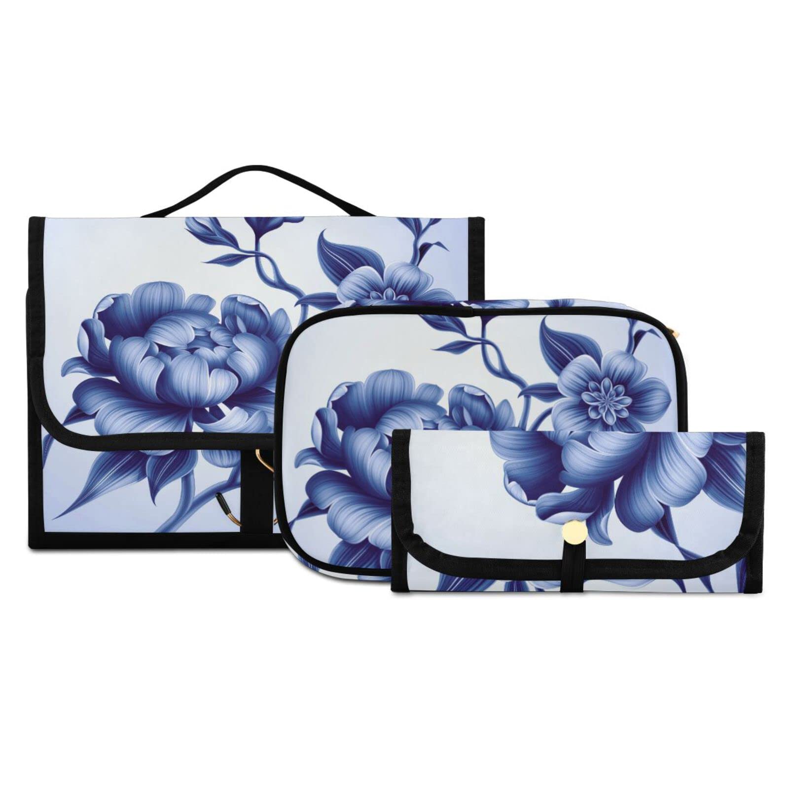 Vintage Blue Peony Rose Toiletry Bag Set of 3 - Portable Travel Cosmetic Case & Makeup Brush Organizer for Women & Girls - Perfect for Vacation, Gym, and Daily Essentials Storage