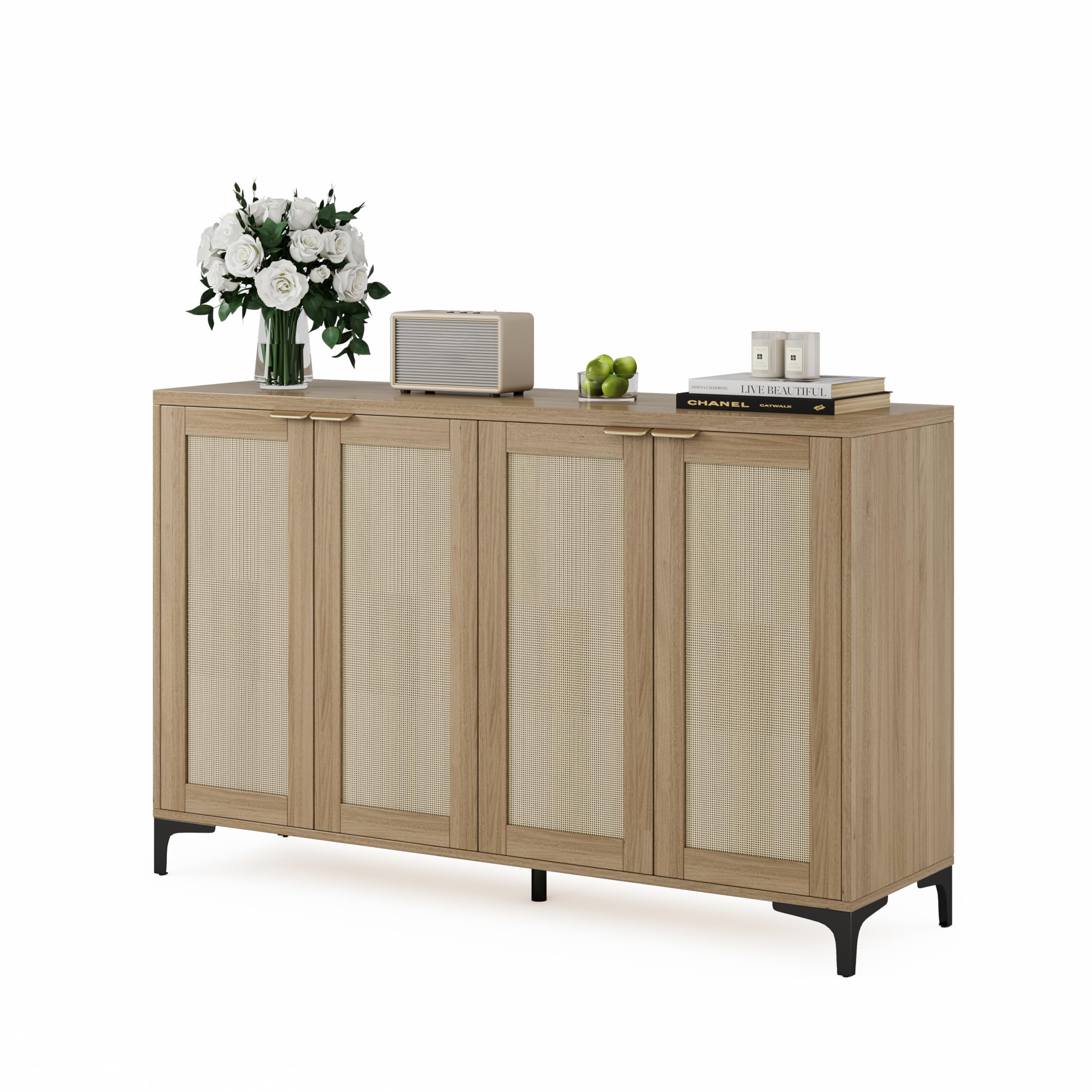 Rattan Sideboard Buffet Cabinet with 4 Doors, Adjustable Shelves & Metal Feet - Natural Wood Storage Console for Dining Room, Living Room | Perfect for Home Decor, Entertaining Guests & Organizing Dishes