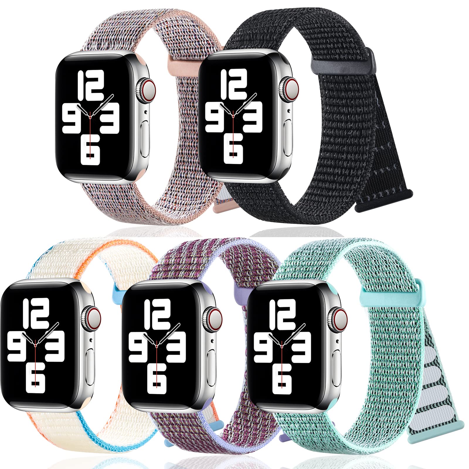 5 Pack Nylon Sports Bands for Apple Watch 42mm 44mm 45mm - Soft Stretchy Adjustable Woven Straps Compatible with iWatch Series 7/6/5/4/3/2/1/SE - Perfect for Running, Gym Workouts & Daily Wear (Men & Women)