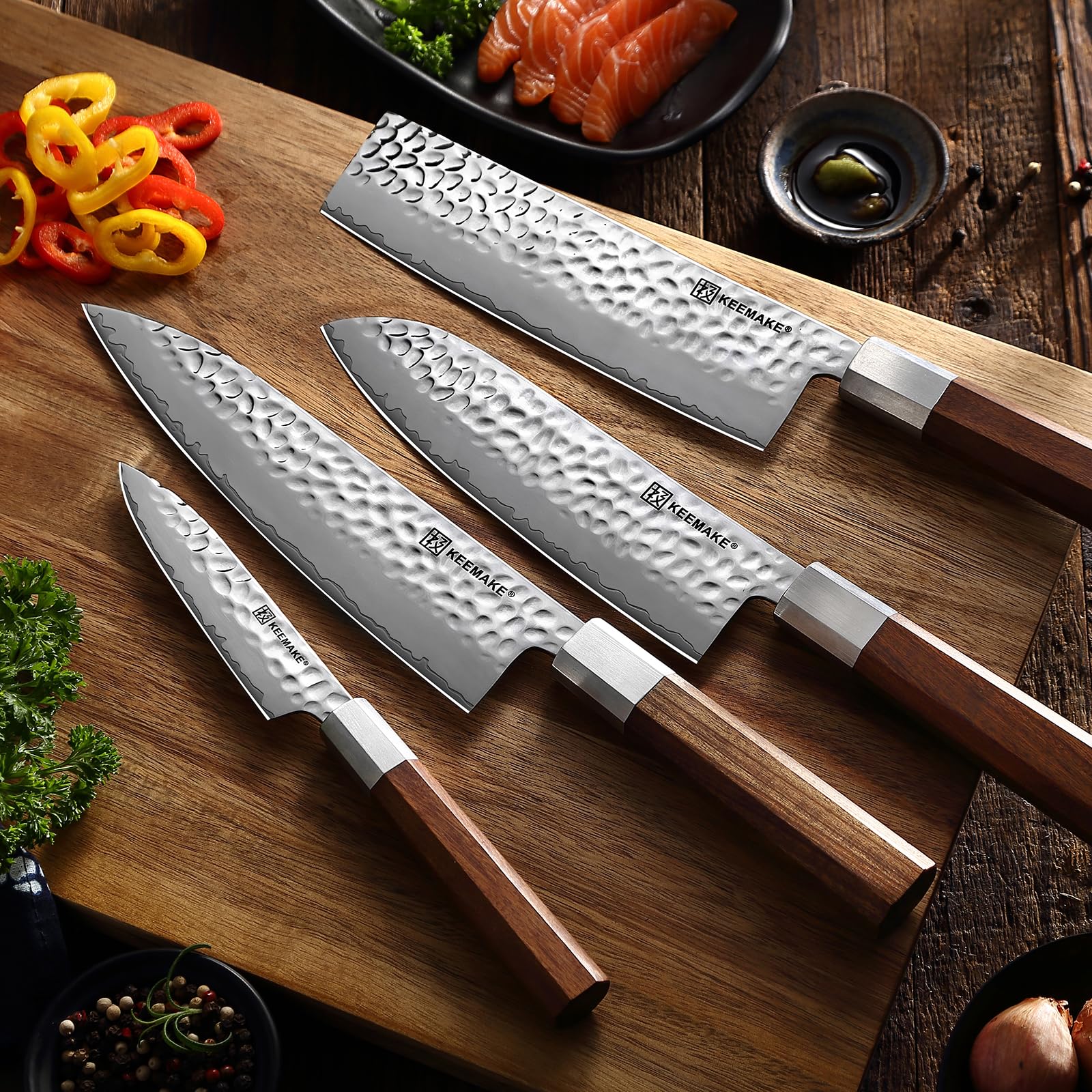 KEEMAKE 8 Inch Gyuto Japanese Chef Knife - Hand Forged 3-Layer 9CR18MOV High Carbon Steel Kitchen Knife with Octagonal Rosewood Handle - Perfect for Slicing, Dicing & Precision Cooking in Professional & Home Kitchens