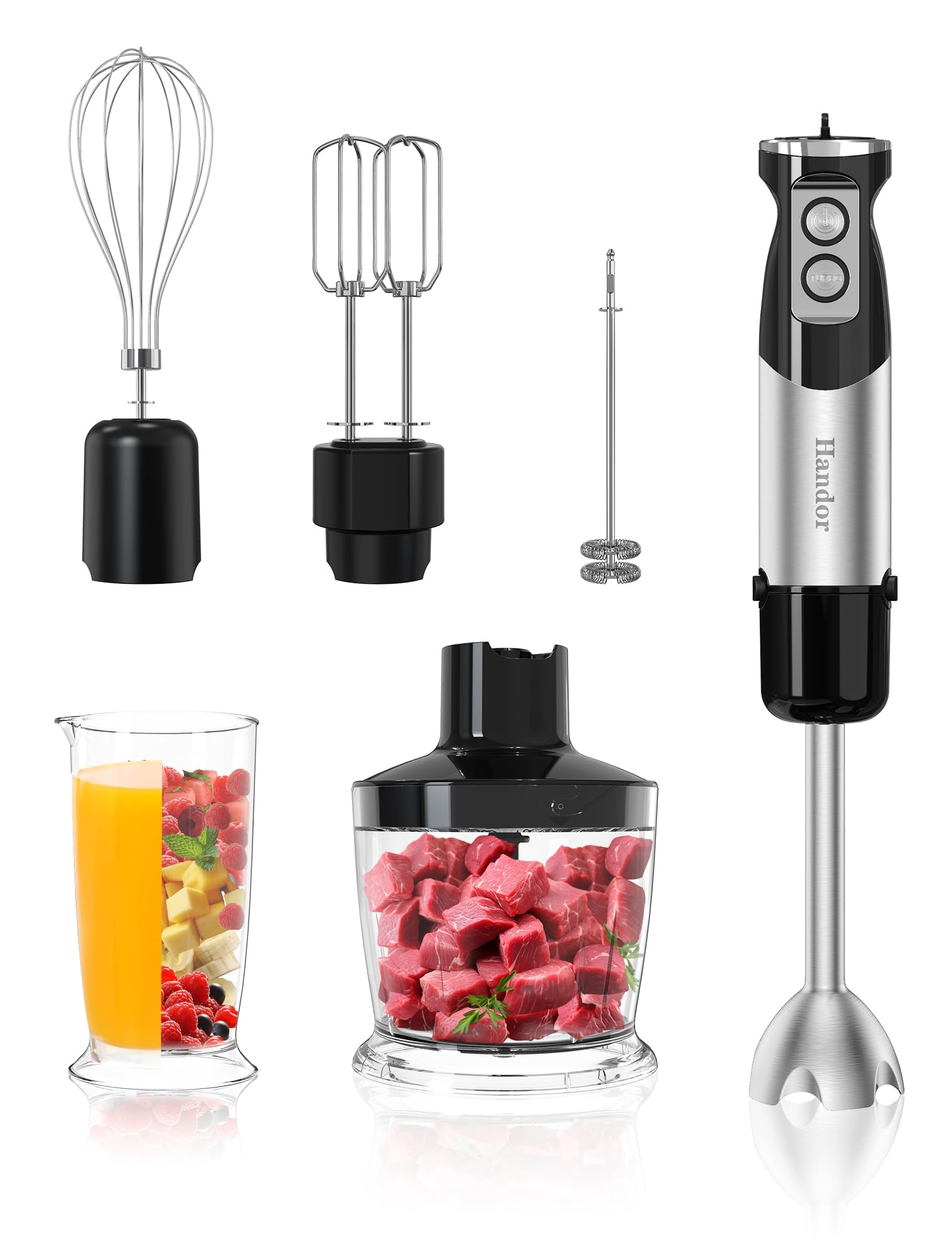 1000W 6-in-1 Immersion Blender Handheld - 12 Speed Electric Hand Blender with 600ml Mixing Beaker, 500ml Food Chopper & 304 Stainless Steel Blades - Includes Whisk & Milk Frother - Perfect for Making Soup, Smoothie, Sauce, Baby Food, Milkshakes & More - Ideal for Kitchen, Home Cooking & Meal Prep