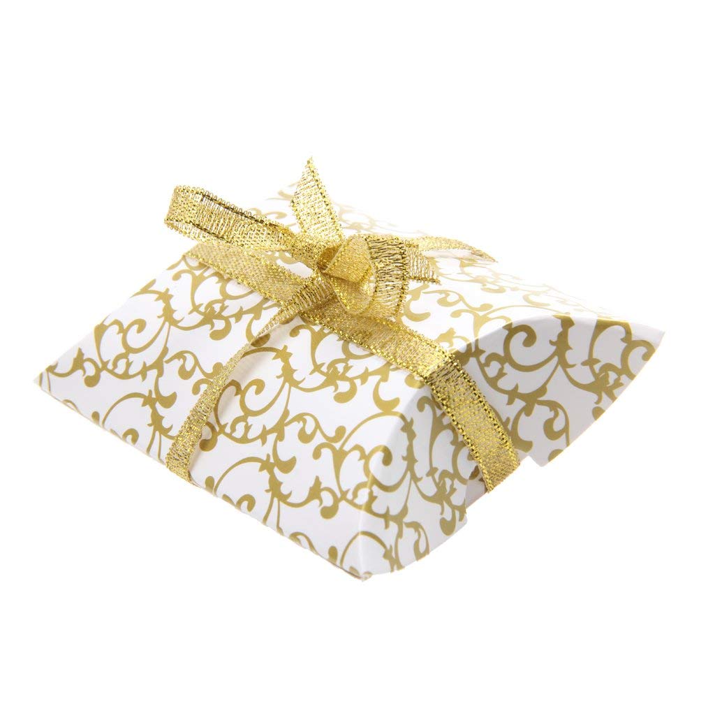 50 Pack Gold Candy Pillow Boxes - 11.5 x 7cm Wedding Favor Gift Boxes with Ribbon for Party, Baby Shower & Bridal Favors | Elegant Sweet Treat Packaging for Special Occasions