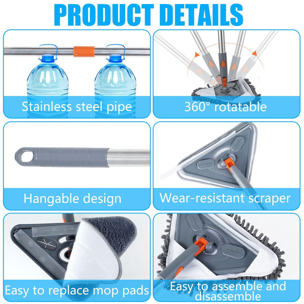82 Inch Extendable Wall Mop with 360° Rotating Head - Long Handle Ceiling & Window Cleaner Kit - Adjustable 39.8-82 Inch Pole for Walls, Baseboards & Hard-to-Reach Areas - Perfect for High Ceilings, Windows & Home Deep Cleaning