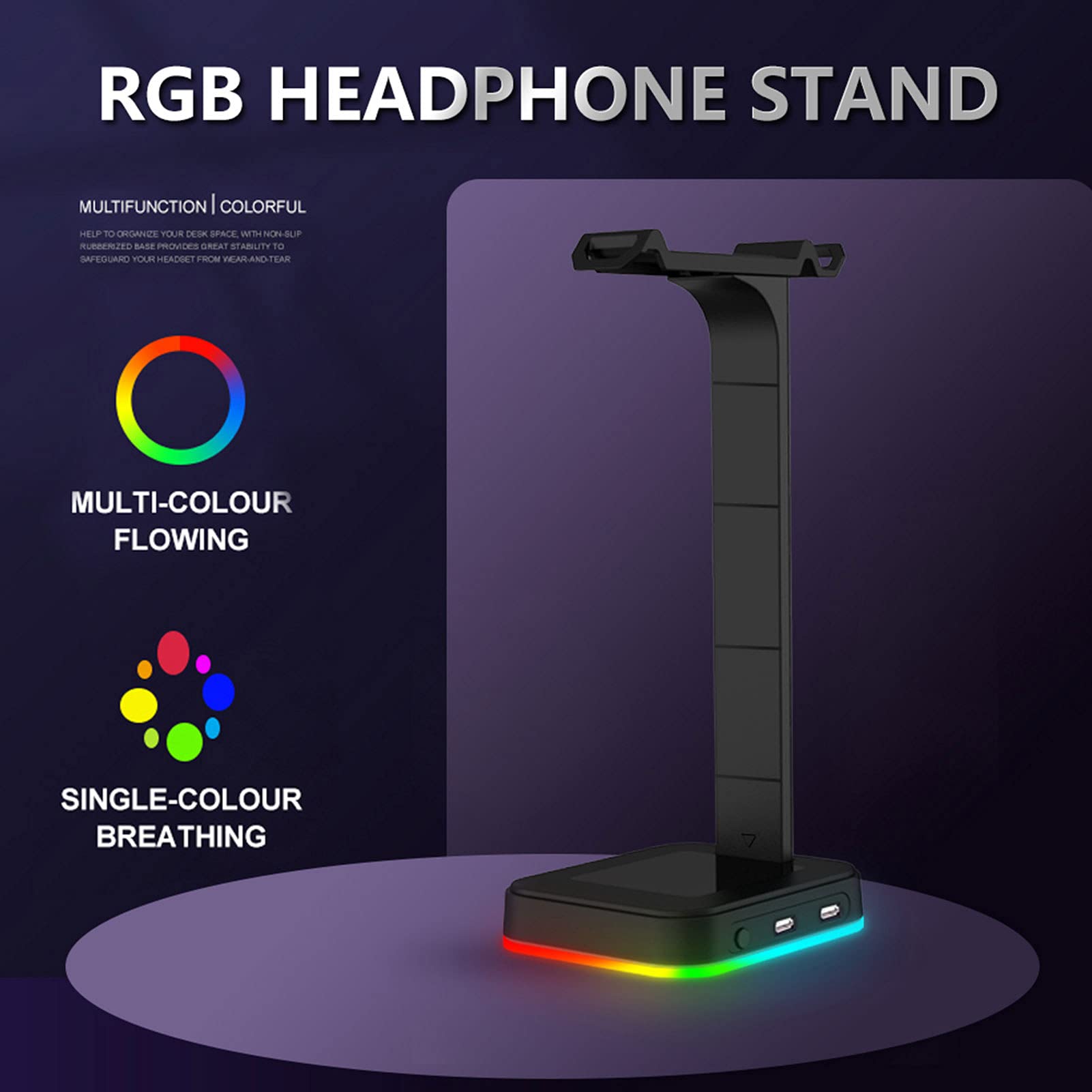 Irishom RGB Gaming Headset Stand with 2 Lighting Modes & Dual USB Ports - Headphone Holder for PC, PS5, Xbox - Perfect for Gaming Setup & Office Desk Accessories