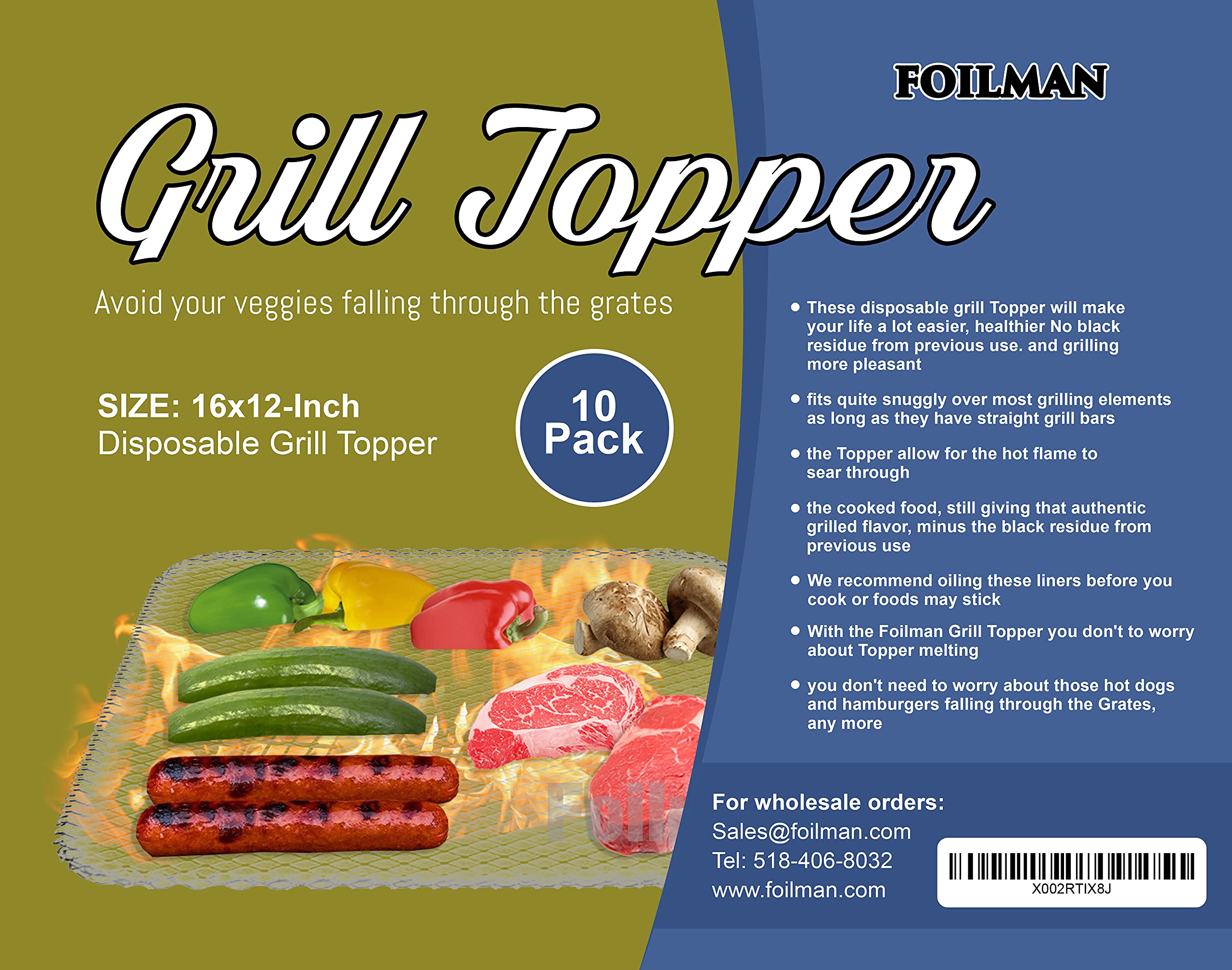 Foilman Grill Toppers - 16 x 12 Inch Disposable BBQ Grill Mats (10 Pack) - Non-Stick & Durable for Hot Dogs, Burgers, Vegetables - Perfect for Backyard BBQs, Camping & Outdoor Cooking