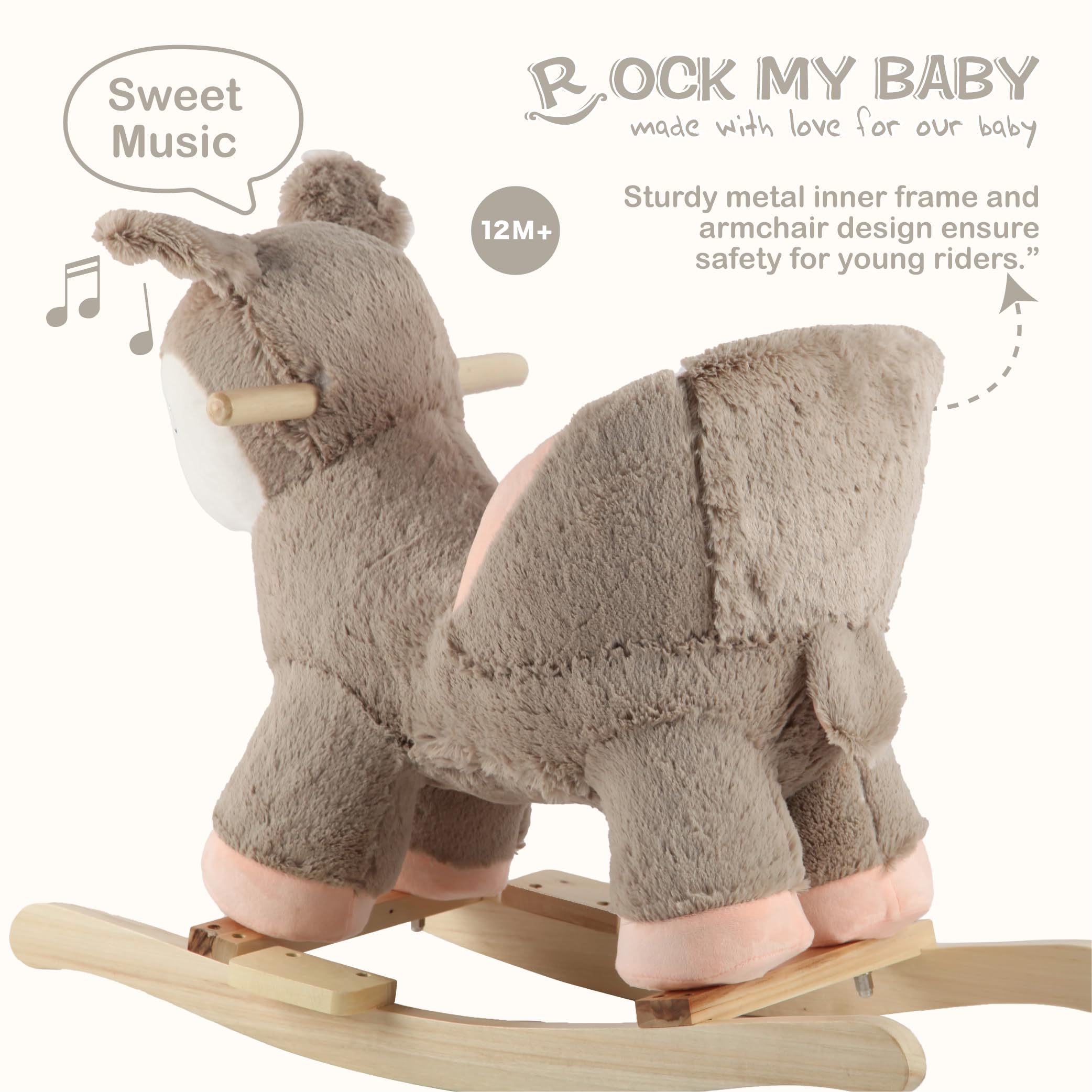 Plush Stuffed Deer Rocking Horse with Chair | Baby Rocker Toy with Sweet Music | Pink Ride-On Animal Toy for Toddlers | CPC Certified Safe | Perfect for Nursery, Playroom & Birthday Gifts