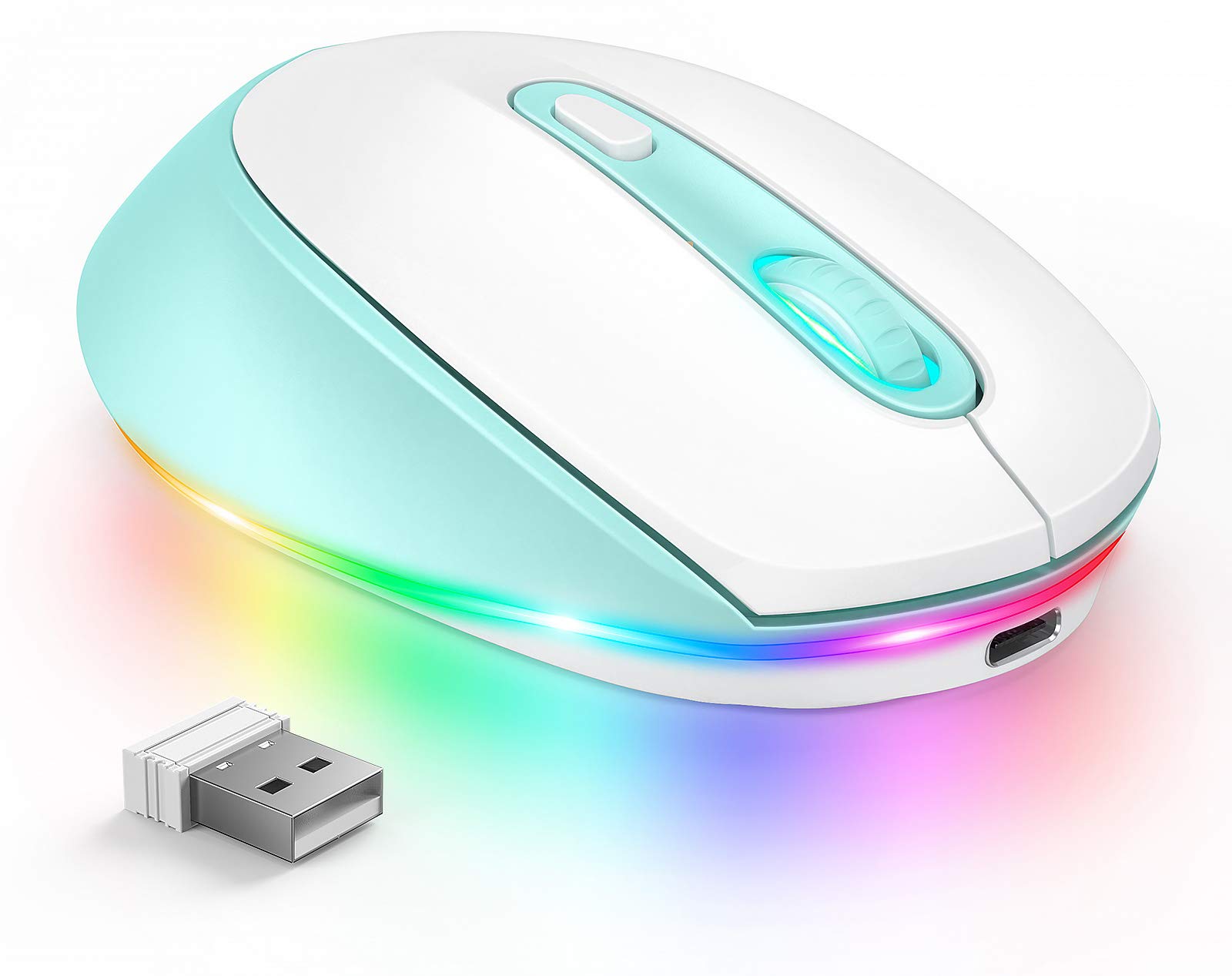Seenda Wireless Rechargeable Mouse with LED Rainbow Lights - Quiet Click Cordless Mouse for Laptop, PC, Chromebook, Mac (Windows/Mac Compatible) - Perfect for Office Work, Gaming & Kids Use - Mint Green
