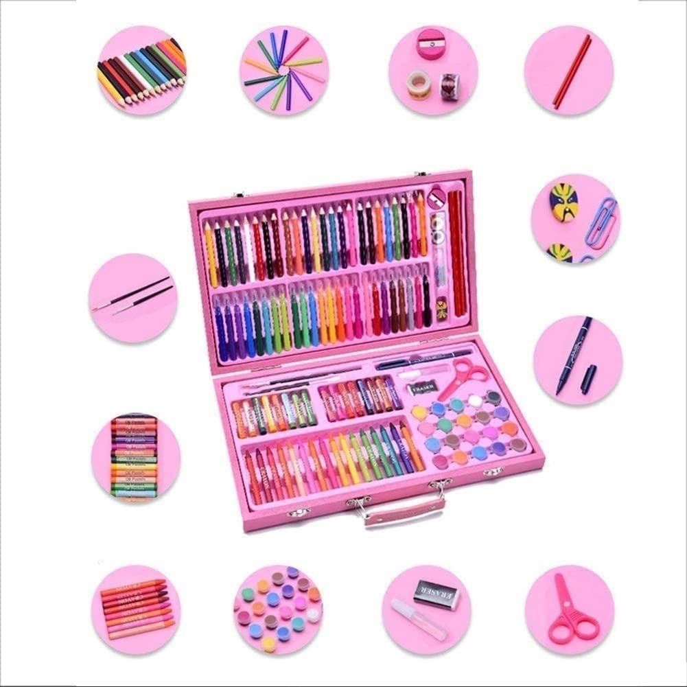 Professional 150-Piece Art Set with Oil Pastels, Crayons, Colored Pencils, Paint Brushes & Watercolor Cakes - Perfect for Artists, Students & Hobbyists - Great for Sketching, Painting & DIY Crafts (Pink)