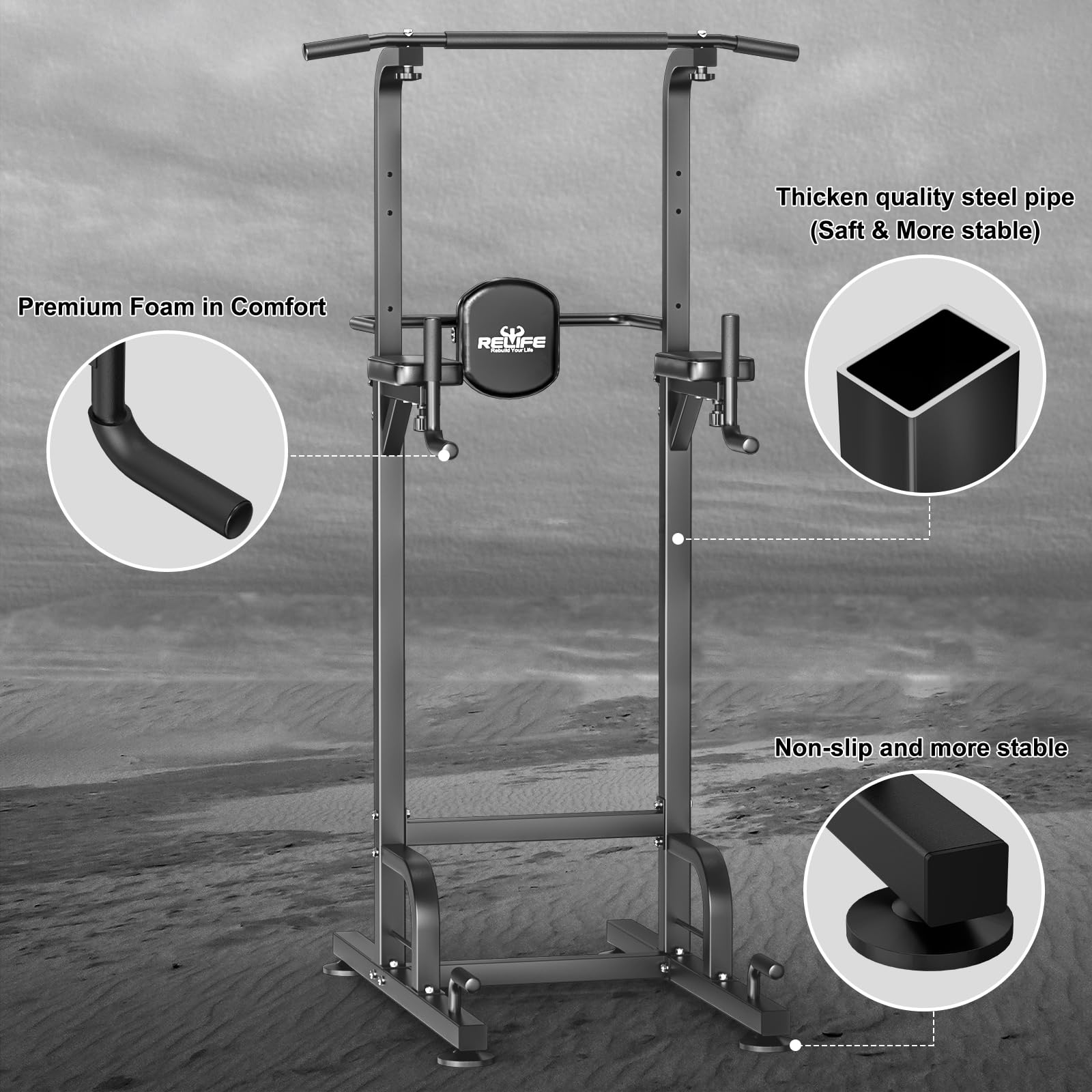 RELIFE Power Tower Pull Up Bar Dip Station - Home Gym Strength Training Equipment for Full Body Workout | Perfect for Home Fitness, Calisthenics & Muscle Building