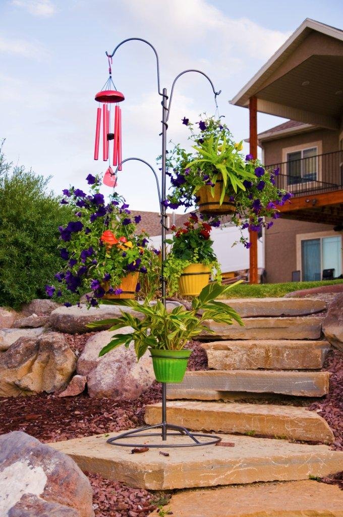 Yard Butler YT-5 Heavy Duty Garden Hanging Tree with 3 Shepherd Hooks & 2 Circular Plant Holders - Sturdy Steel Pole & Anti-Tip Base for Indoor/Outdoor Plants - Perfect for Patio, Balcony, Deck, and Home Decor