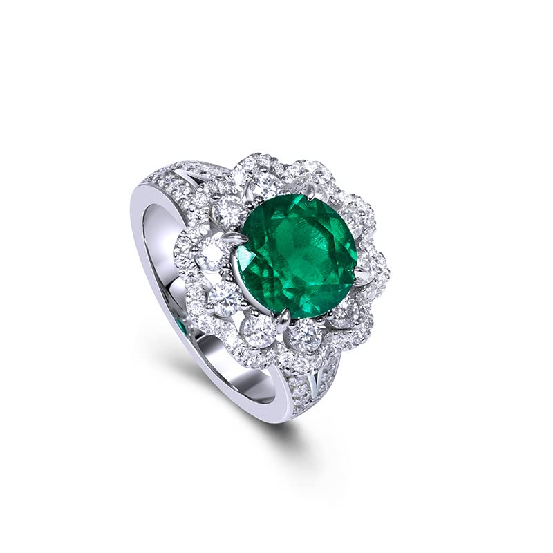 925 Sterling Silver Ring with Round Diamond Cut Muzu Hydrothermal Emerald for Women & Girls | Engagement, Wedding, Anniversary Gift Idea