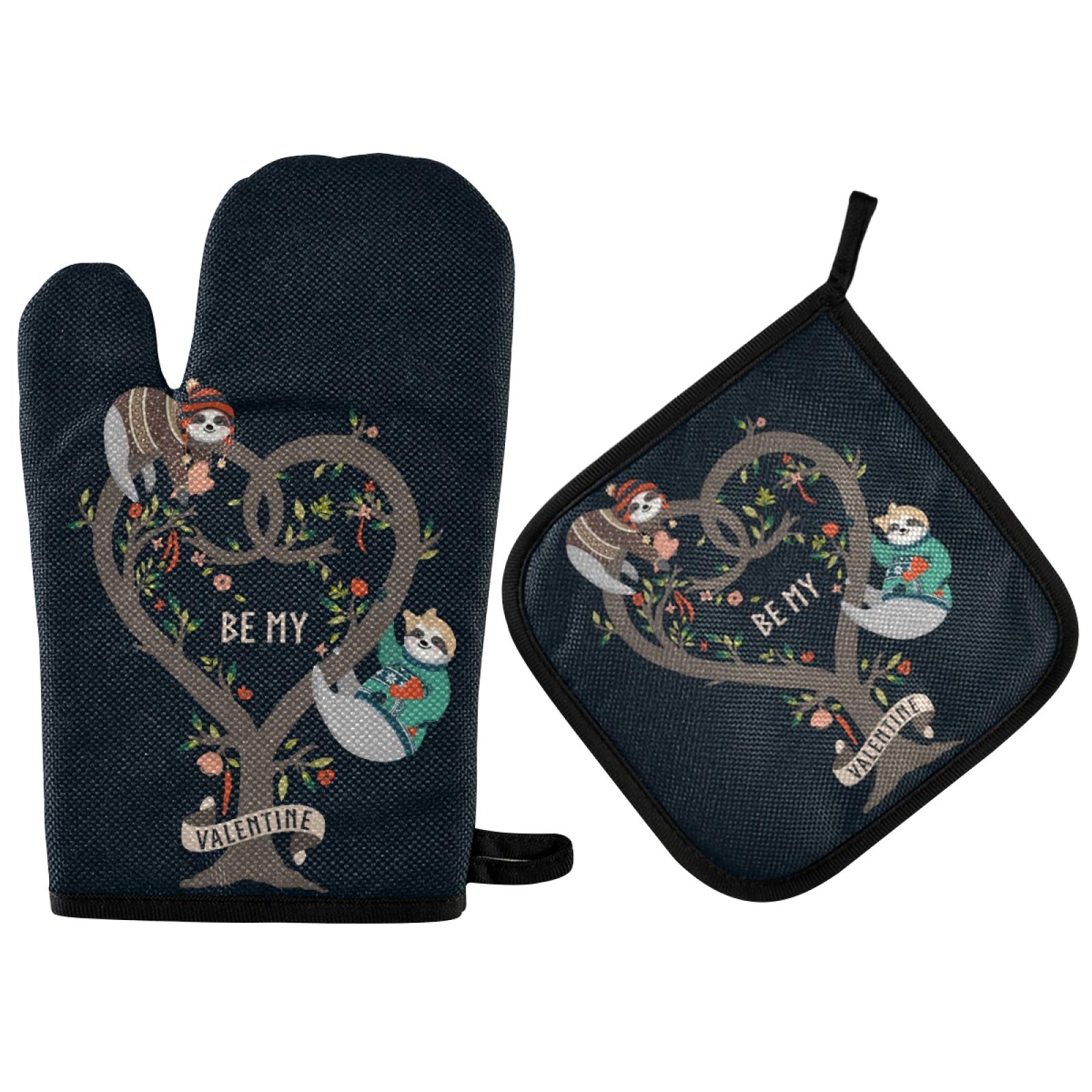 Funny Sloth Heart Tree Oven Mitts and Pot Holders Set - Heat Resistant Kitchen Gloves for Cooking, Baking & BBQ - Valentine's Day Gift Idea for Home Chefs