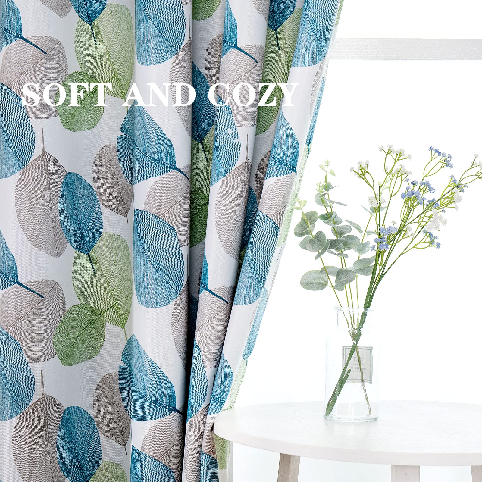 MRTREES Blackout Tier Curtains for Kitchen & Bathroom - 34x24 Inch Short Cafe Curtains with Leaves Print, Triple Weave Window Panels, Rod Pocket Design - Perfect for Basement, Bedroom & Small Windows (2 Panels, Green) - Ideal for Privacy, Light Control & Home Decor