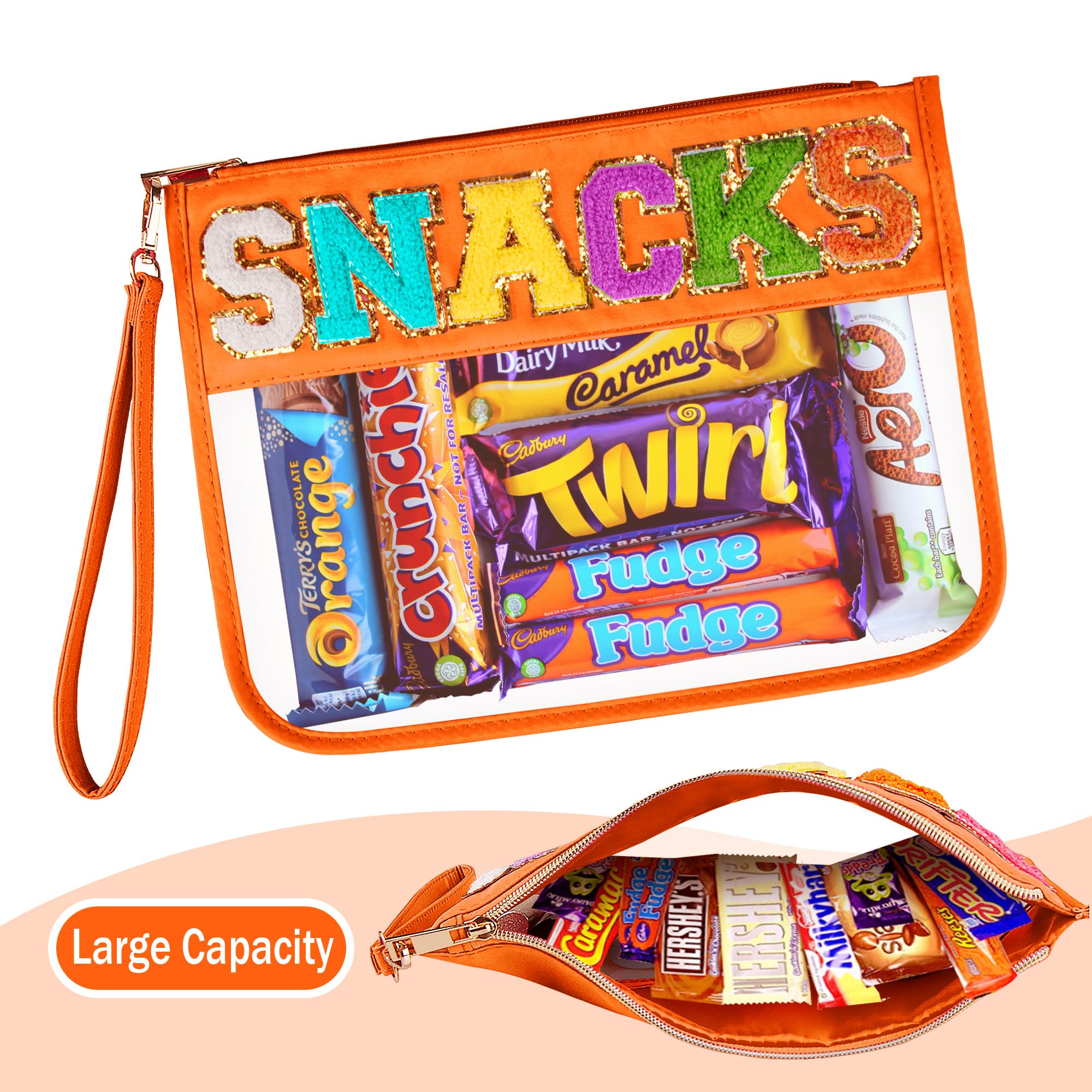 Cute Orange Chenille Letter Clear Bag - Waterproof Transparent PVC Cosmetic & Snacks Pouch with Zipper | Portable Travel Makeup Organizer for Women | Perfect for Gym, Beach, School & Airplane Travel
