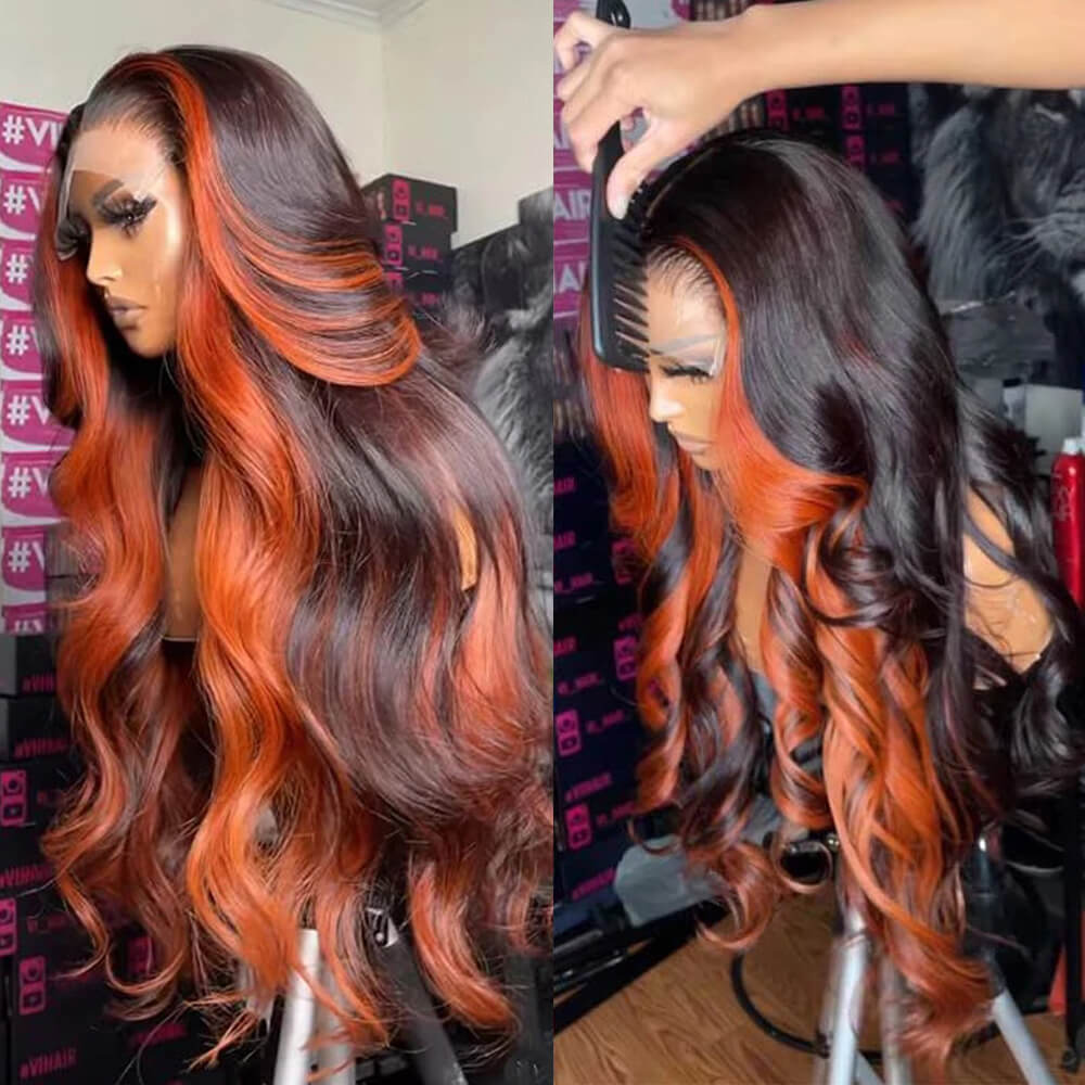 Eullair Highlight Body Wave Lace Frontal Human Hair Wig - Natural Inner Green Orange Color | Perfect for Cosplay, Daily Wear & Special Occasions