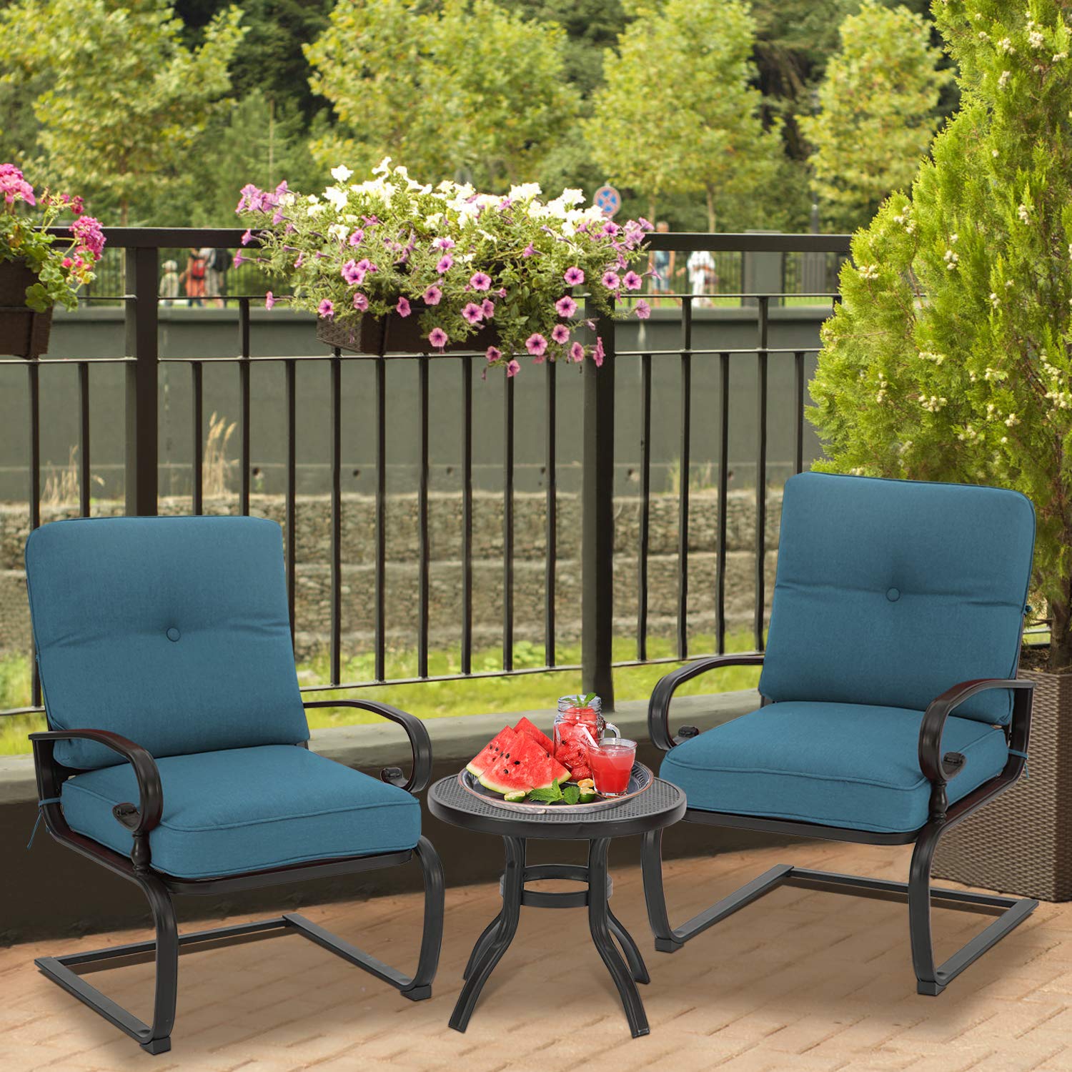 3-Piece Outdoor Bistro Set - Spring Metal Lounge Chairs & Round Table - Wrought Iron Patio Furniture in Blue - Perfect for Garden, Balcony or Poolside Relaxation