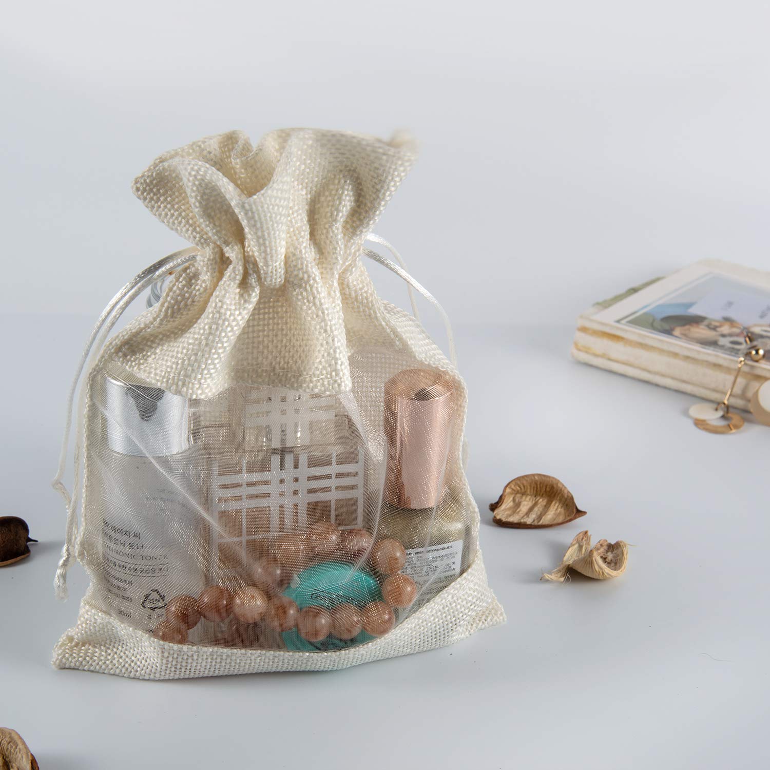 JaneOft 5x7 Inches 10PCS Drawstring Gift Bags with See Through Window - Natural Burlap Fabric in Ivory - Perfect for Wedding Favors, Party Gifts, Christmas Presents & Retail Packaging