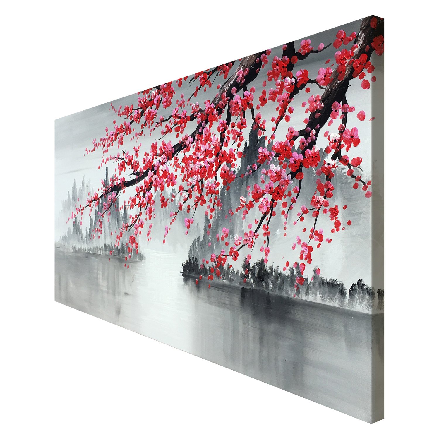 Hand-Painted Chinese Plum Blossom Canvas Wall Art - 60x30 Inch Black & White Landscape Oil Painting - Modern Asian Home Decor for Living Room, Bedroom & Office