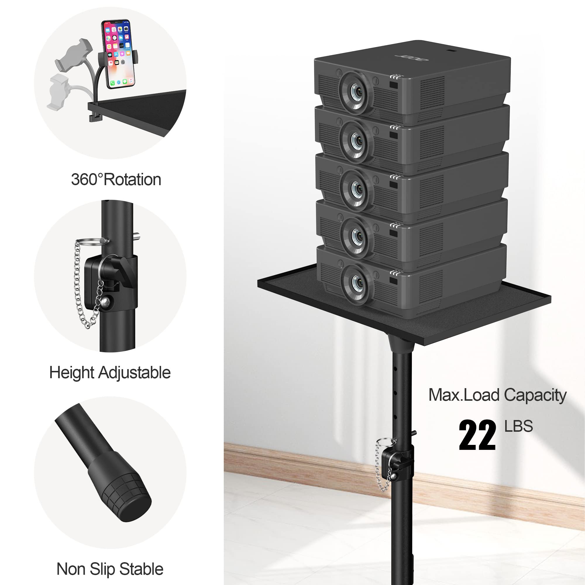 Adjustable Projector Stand Tripod 22-63 Inches Height - Portable Laptop & Projector Mount for Indoor/Outdoor Movies, Home Theater, Classroom Presentations, and Office Meetings