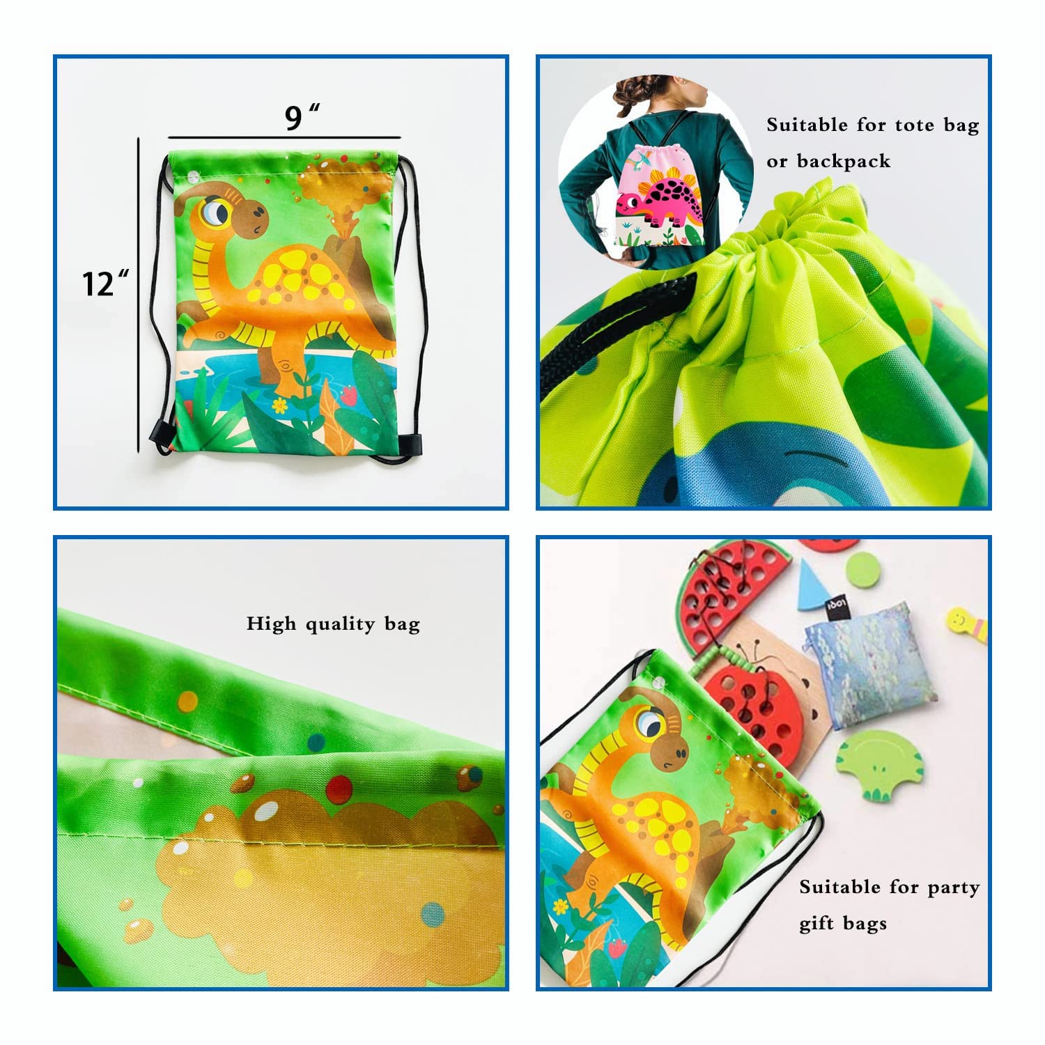 12 Pack Dinosaur Drawstring Bags for Kids Birthday Party Favors & School Travel Storage