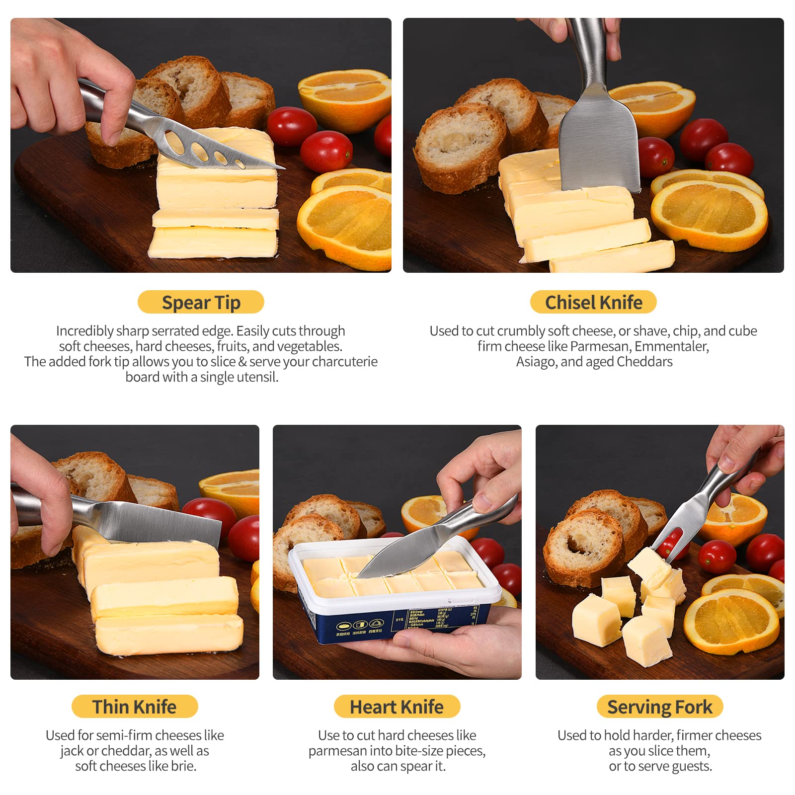 5-Piece Stainless Steel Cheese Knife Set - Charcuterie Board Accessories with Slicer & Cutter | Perfect for Valentine's Day Gifts, Dinner Parties & Cheese Tasting Events