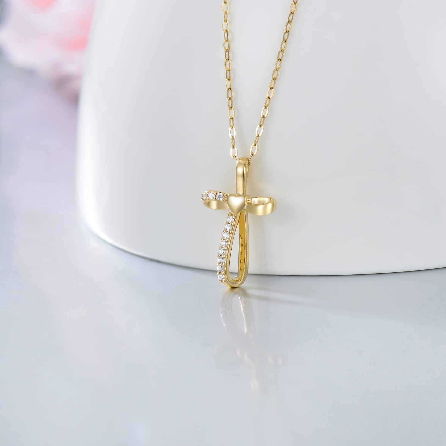 14K Real Gold Cross Necklace for Women & Girls - Yellow Gold Religious Pendant Necklace, Faith Jewelry Gift for Birthday, Christmas, Baptism - 16+2 Inch Chain - Perfect for Church, Weddings & Daily Wear