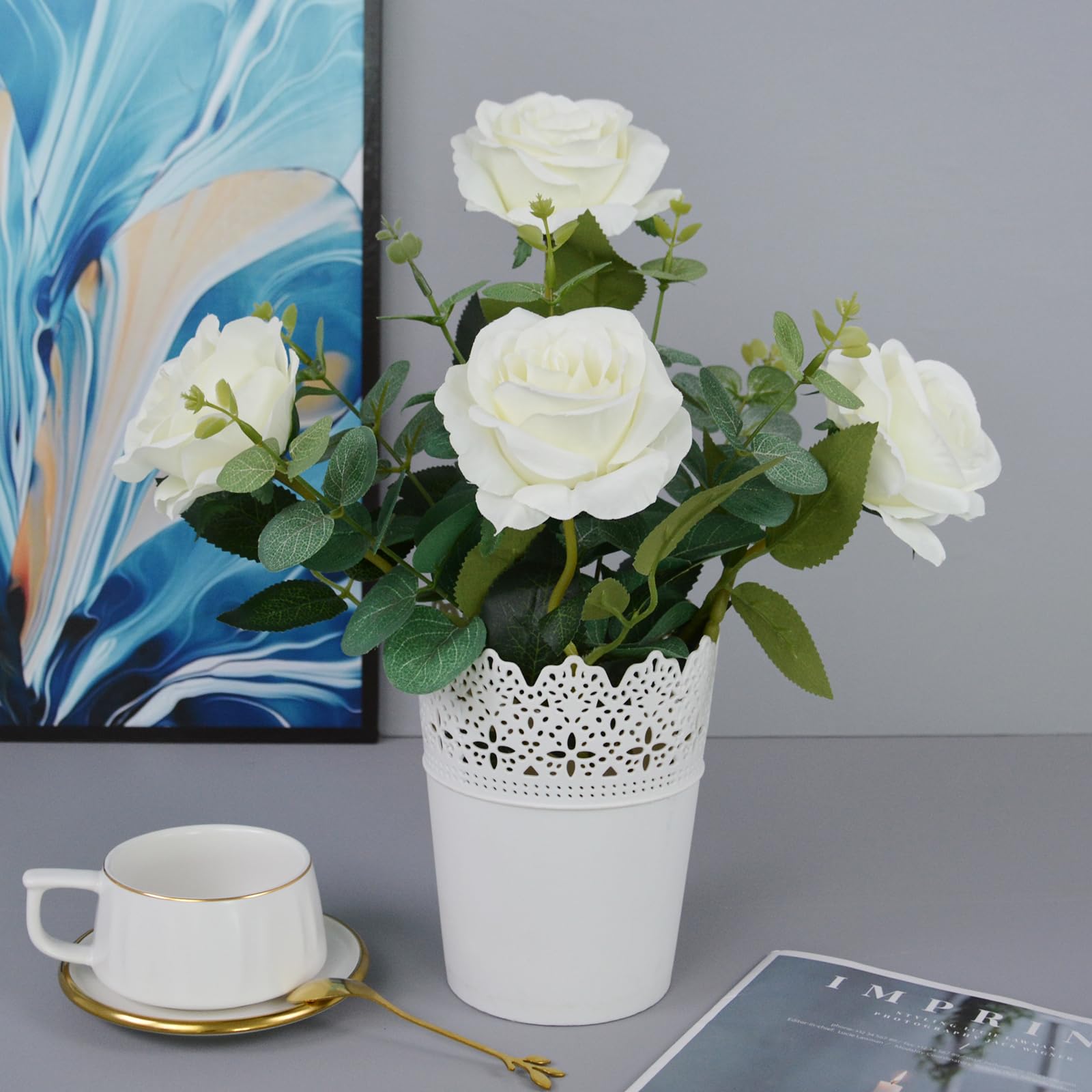 10pcs White Artificial Silk Roses - 50cm Realistic Fake Rose Flowers for Bridal Bouquets, Wedding Centerpieces, Home Decor & Party Arrangements (Perfect for Tables, Vases, and DIY Floral Projects)