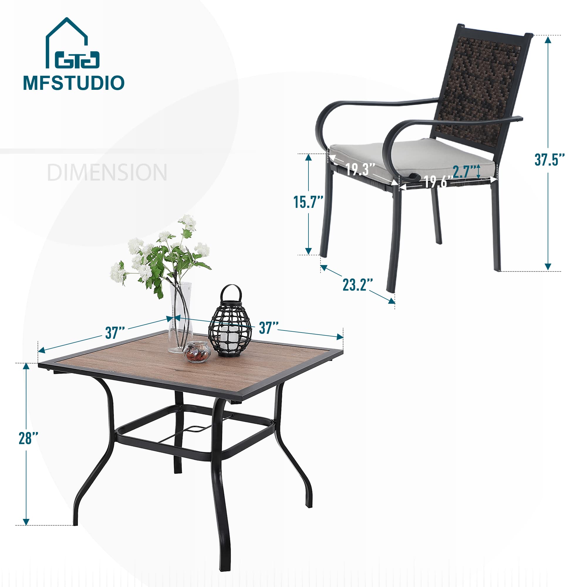 MFSTUDIO 5-Piece Outdoor Patio Dining Set - Square Wood-Like Table with 1.57