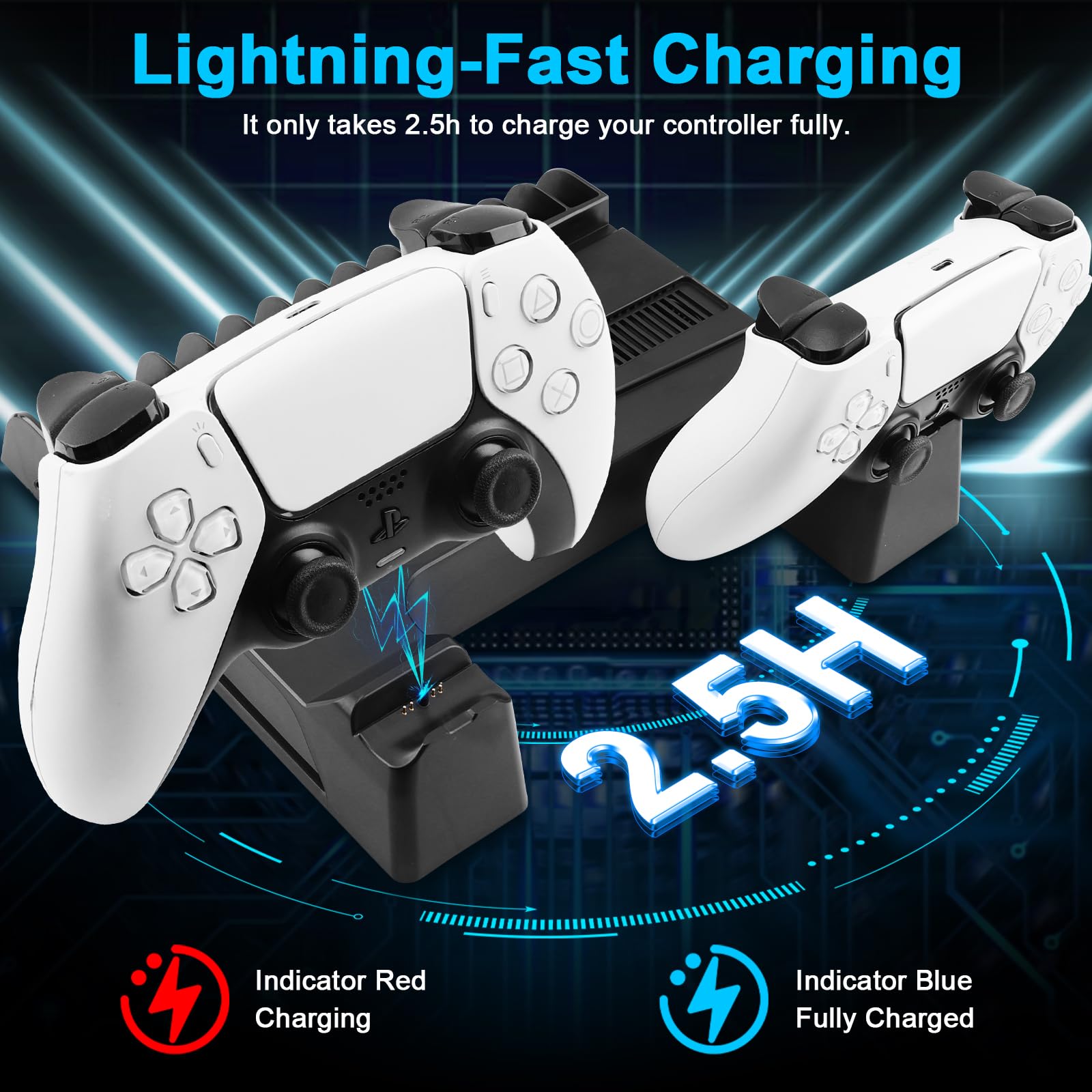 SIKEMAY PS5 Slim Stand Cooling Station with Dual Controller Charger - Vertical Stand for PlayStation 5 Slim with 2H Fast Charging, Silent Cooling Fan, 3 USB Hub, 14 Game Storage & 2 Headset Holder - Perfect for Gaming Setup & Accessories Organization (Black)