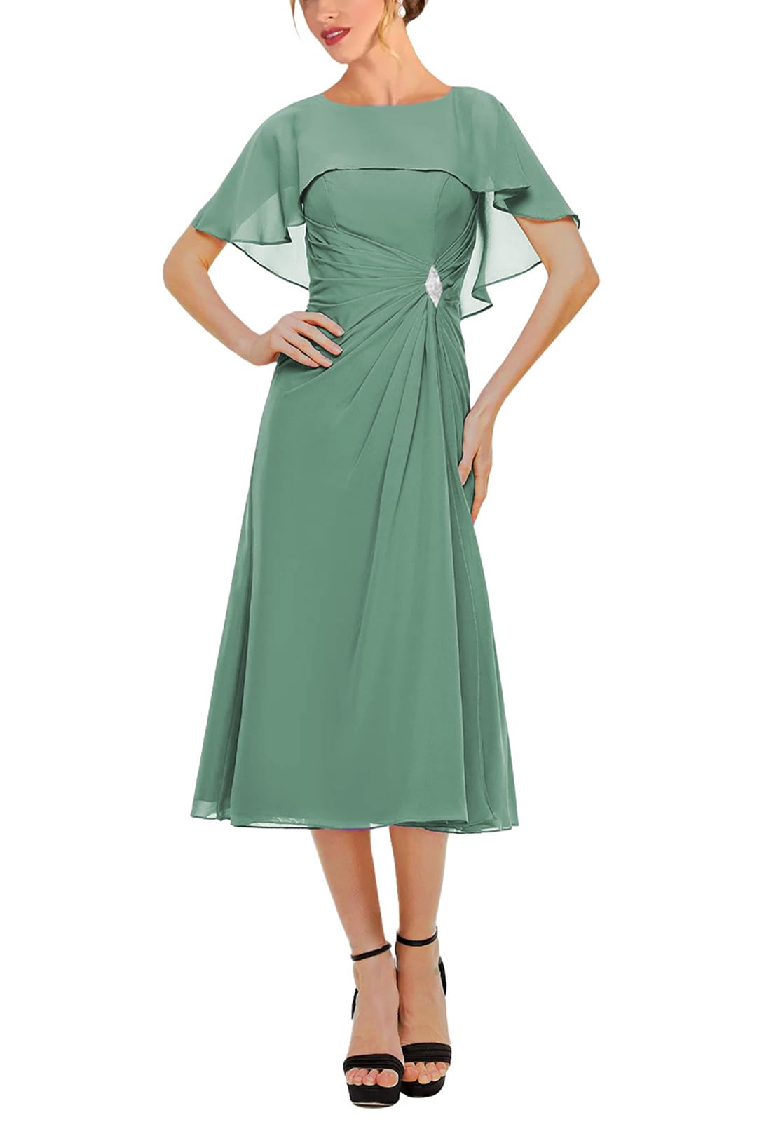 Elegant Bat Sleeve Tea Length Mother of The Bride Dress with Pockets - Flowy Ruffle Chiffon Wedding Guest Dress for Mother of The Groom - Perfect for Formal Weddings, Receptions & Special Occasions