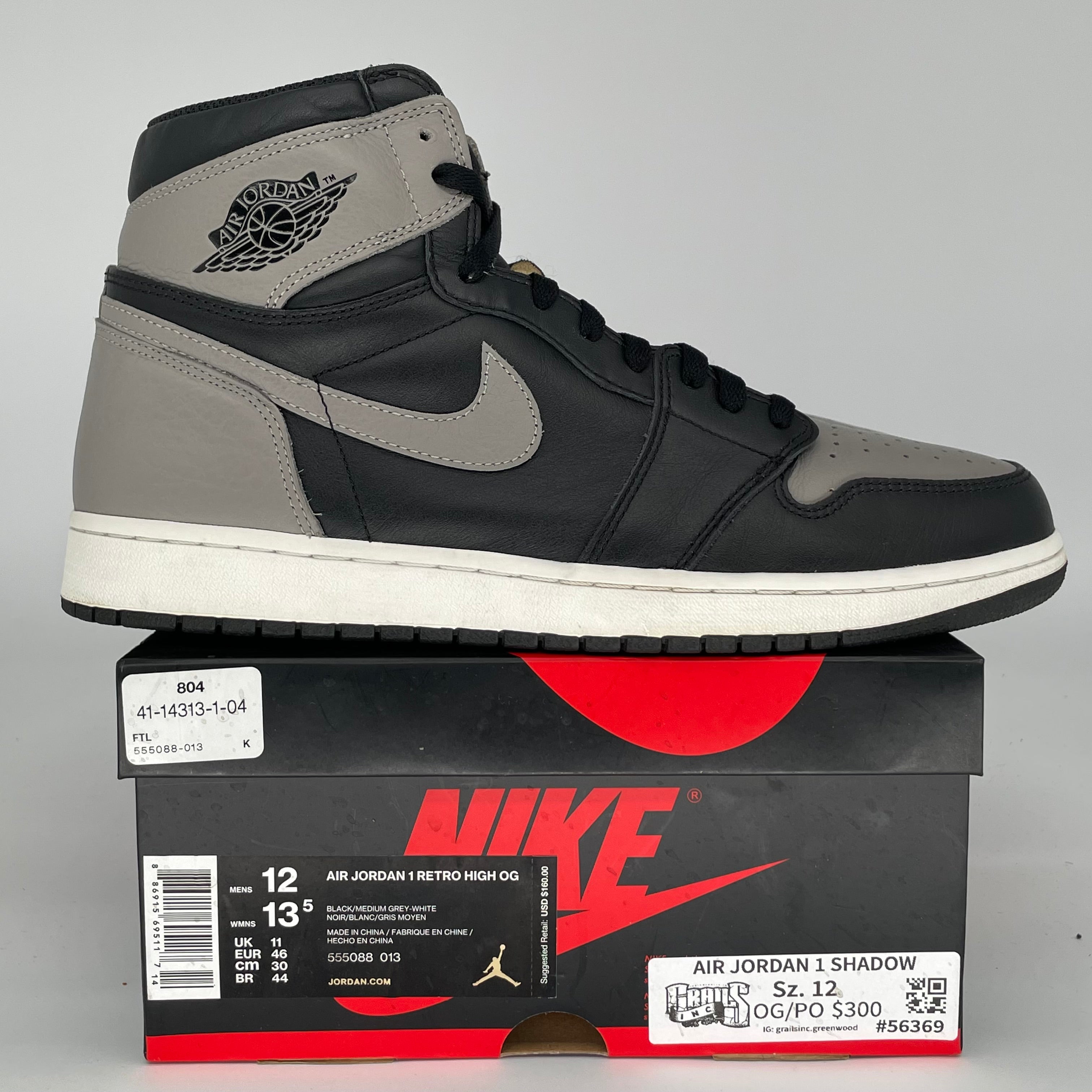 AIR JORDAN 1 SHADOW Men's Basketball Shoes Size 12 - Black/Gray (555088-013) | Retro High-Top Sneakers for Streetwear & Casual Outfits