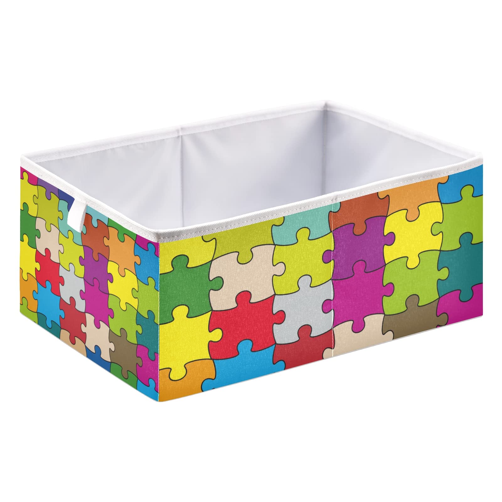 Poeticcity Colorful Puzzle Pattern Collapsible Storage Basket - Foldable Rectangular Organizer Bin for Toys, Clothes & Nursery | Easy Assembly Home & Office Organization Solution