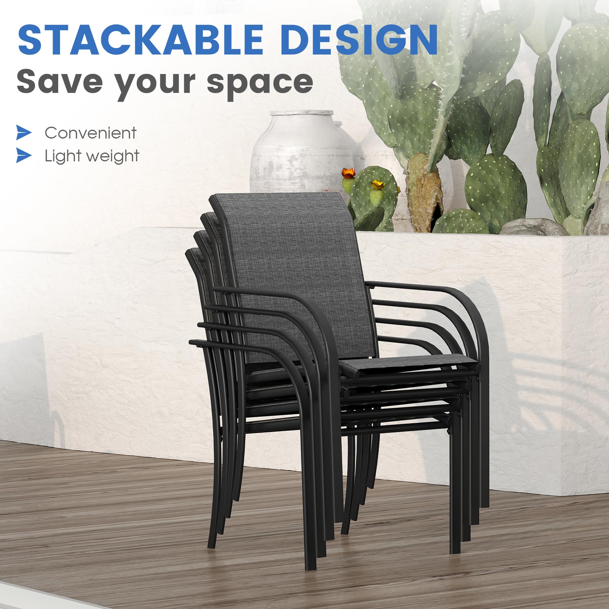 VICLLAX 5-Piece Outdoor Dining Set for 4 - Round Patio Table & 4 Stackable Chairs in Gray Wood-Like Finish & Dark Gray - Perfect for Backyard, Garden, Deck or Poolside Gatherings