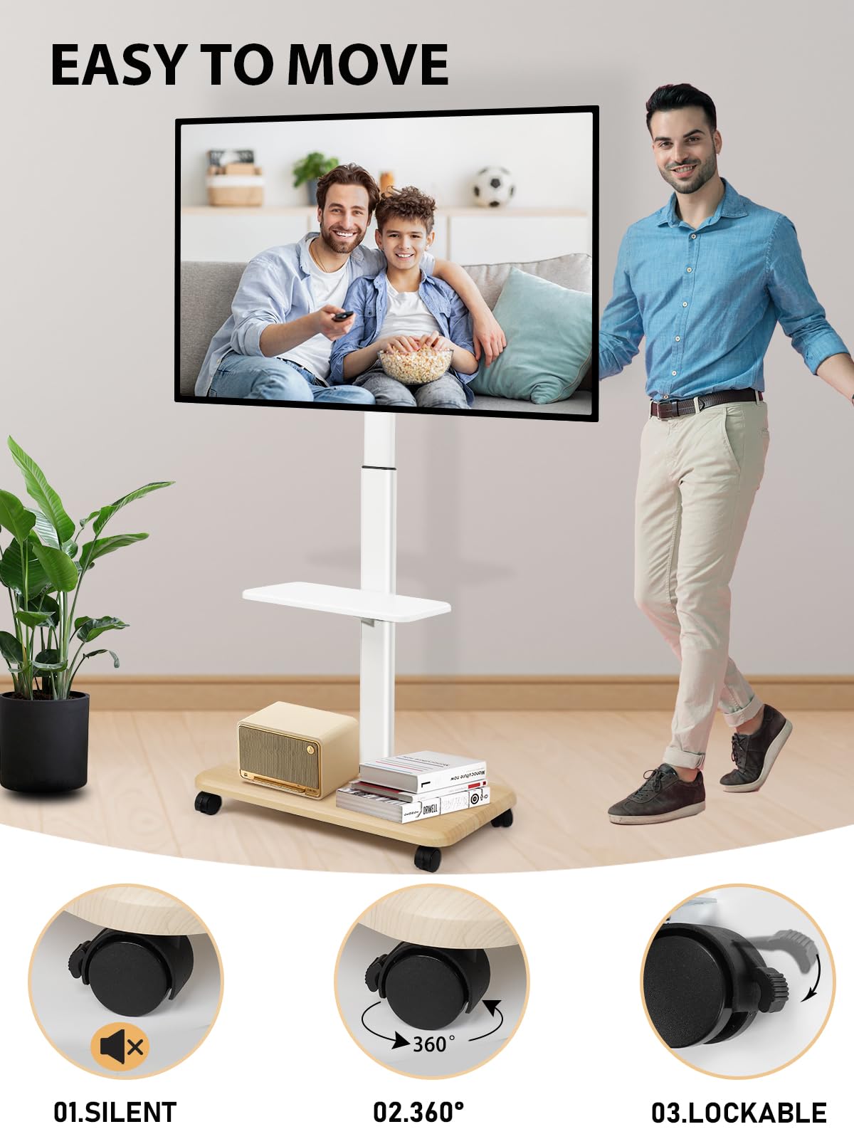 Adjustable Rolling TV Stand for 32-70 Inch Flat/Curved LED/LCD/OLED Screens - Mobile TV Cart with Wheels & Laptop/DVD Shelf - Supports up to 100lbs - Perfect for Bedroom, Living Room & Outdoor Use - White