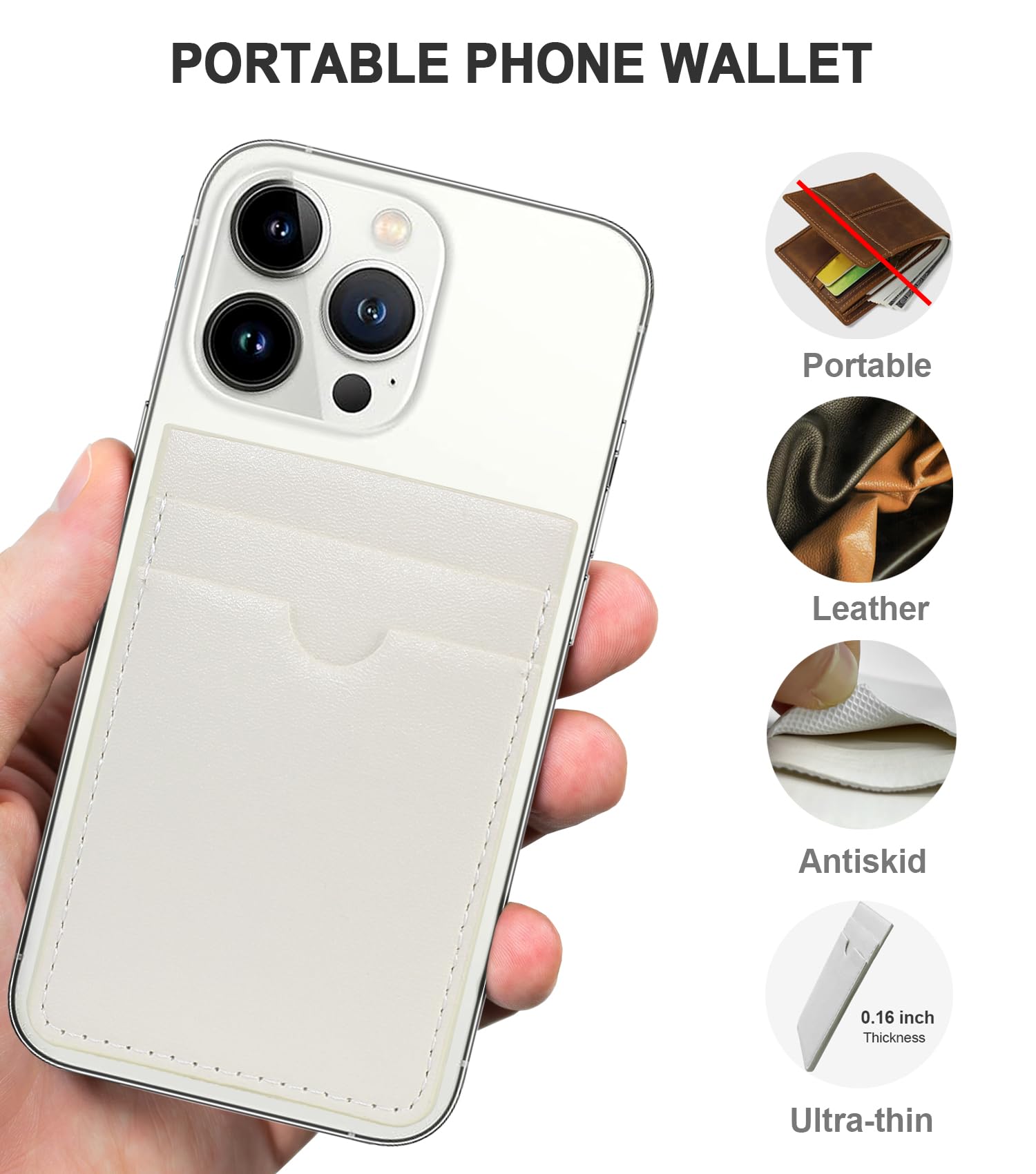 Premium Leather Stick-On Phone Wallet with Dual Card Pockets - Compatible with iPhone, Samsung Galaxy & Android Phones (2 Pack, Milky White) - Perfect for Hands-Free Shopping, Travel & Everyday Convenience