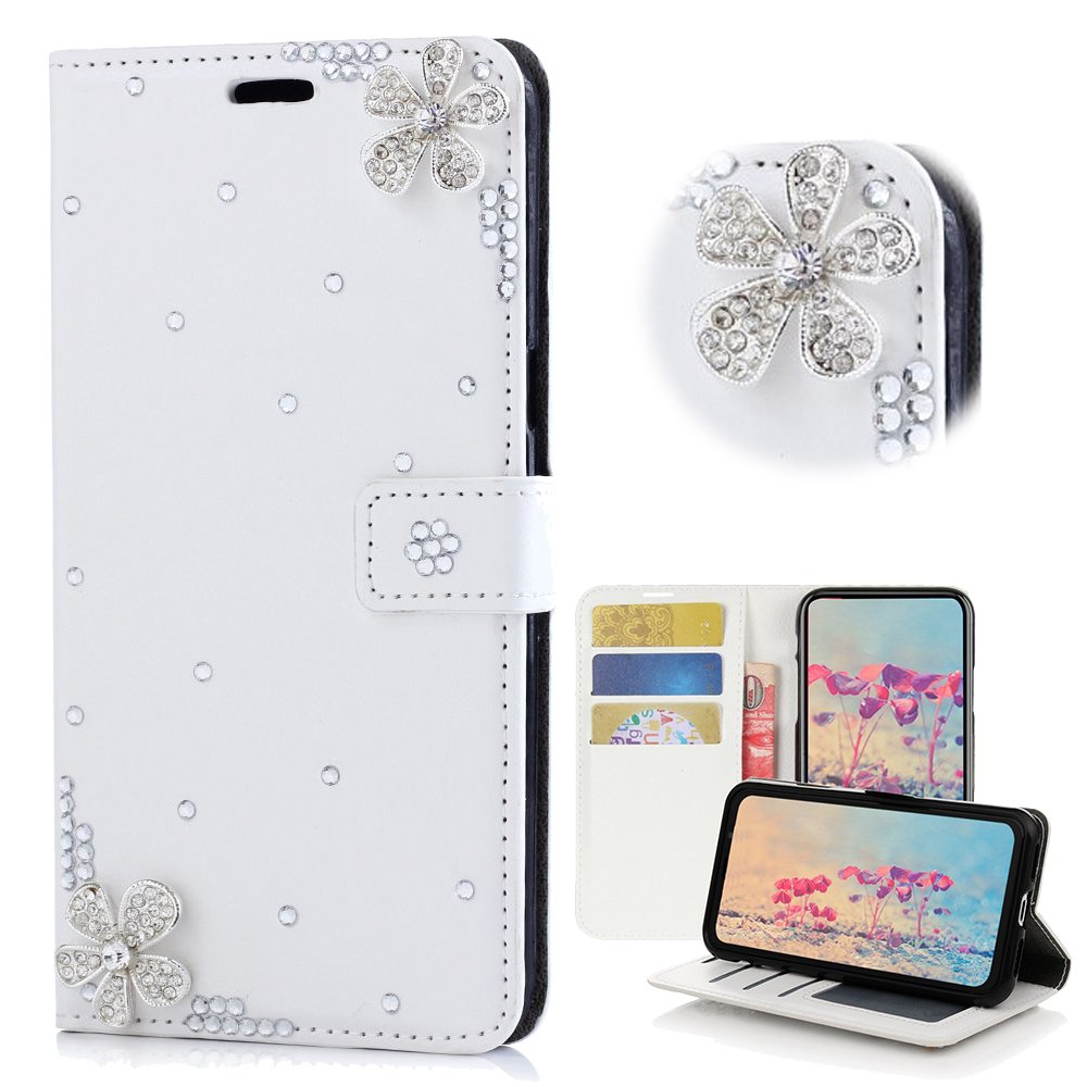 STENES Bling Phone Case for Samsung Galaxy Note 8 - 3D Crystal Flowers Design with Wallet & Stand - White - Perfect for Parties & Daily Use