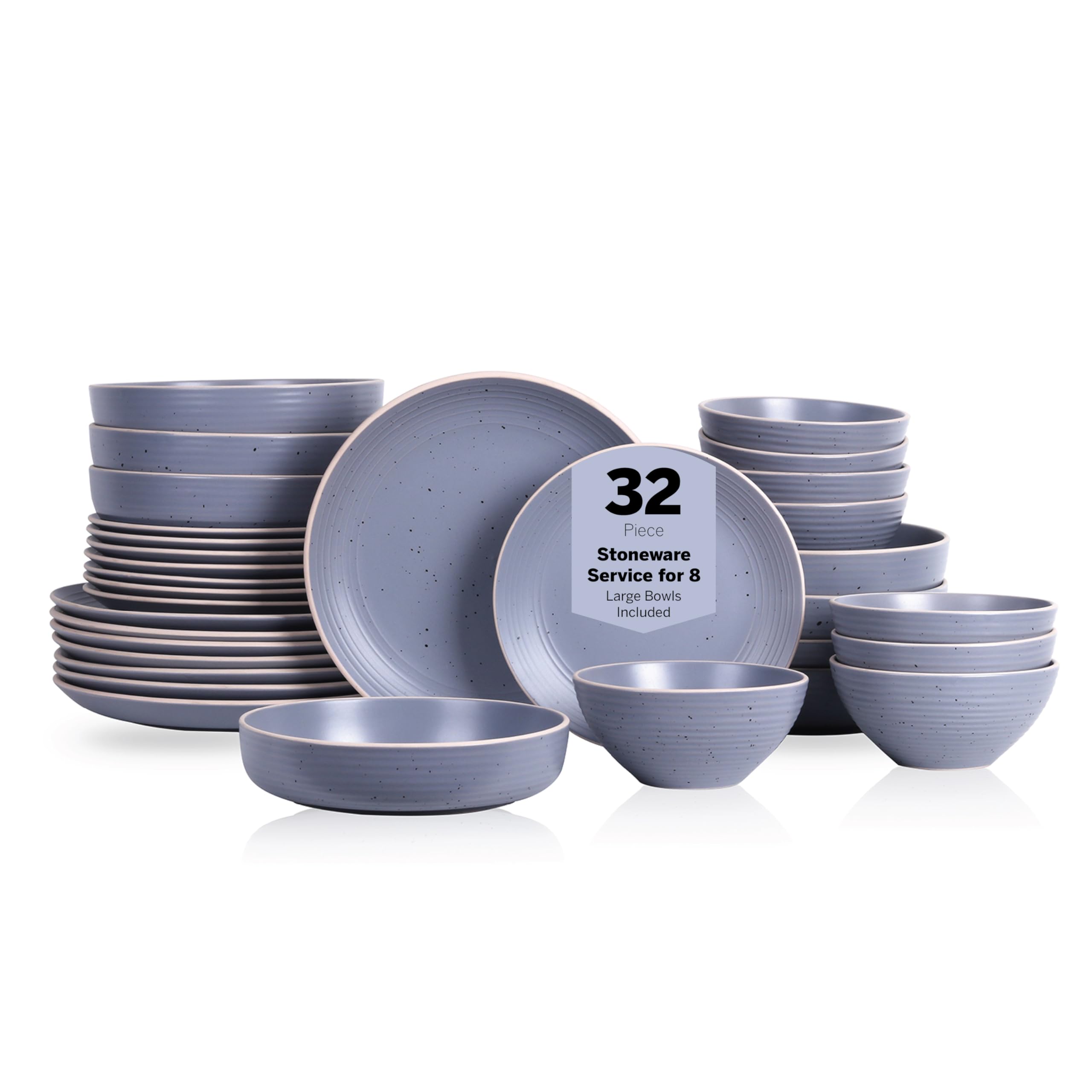 Lauren Modern Stoneware 32-Piece Round Dinnerware Set - 8-Person Plates & Bowls in Light Gray | Durable Stoneware Dishes for Everyday Dining & Entertaining