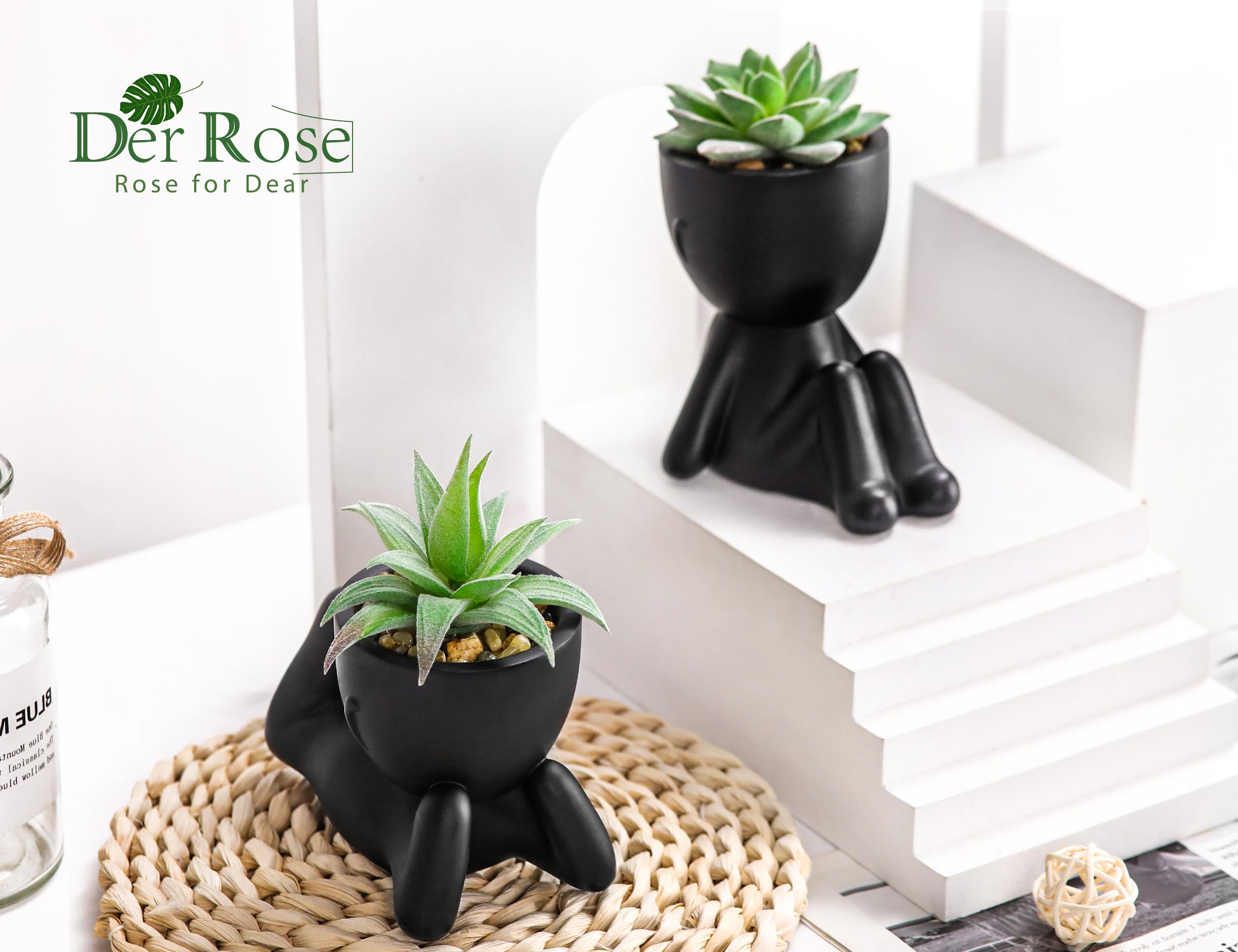 Der Rose Set of 2 Artificial Succulent Plants - Fake Plants for Office Desk, Bathroom & Home Decor - Low Maintenance Indoor Greenery for Aesthetic Spaces, Workstations & Living Rooms