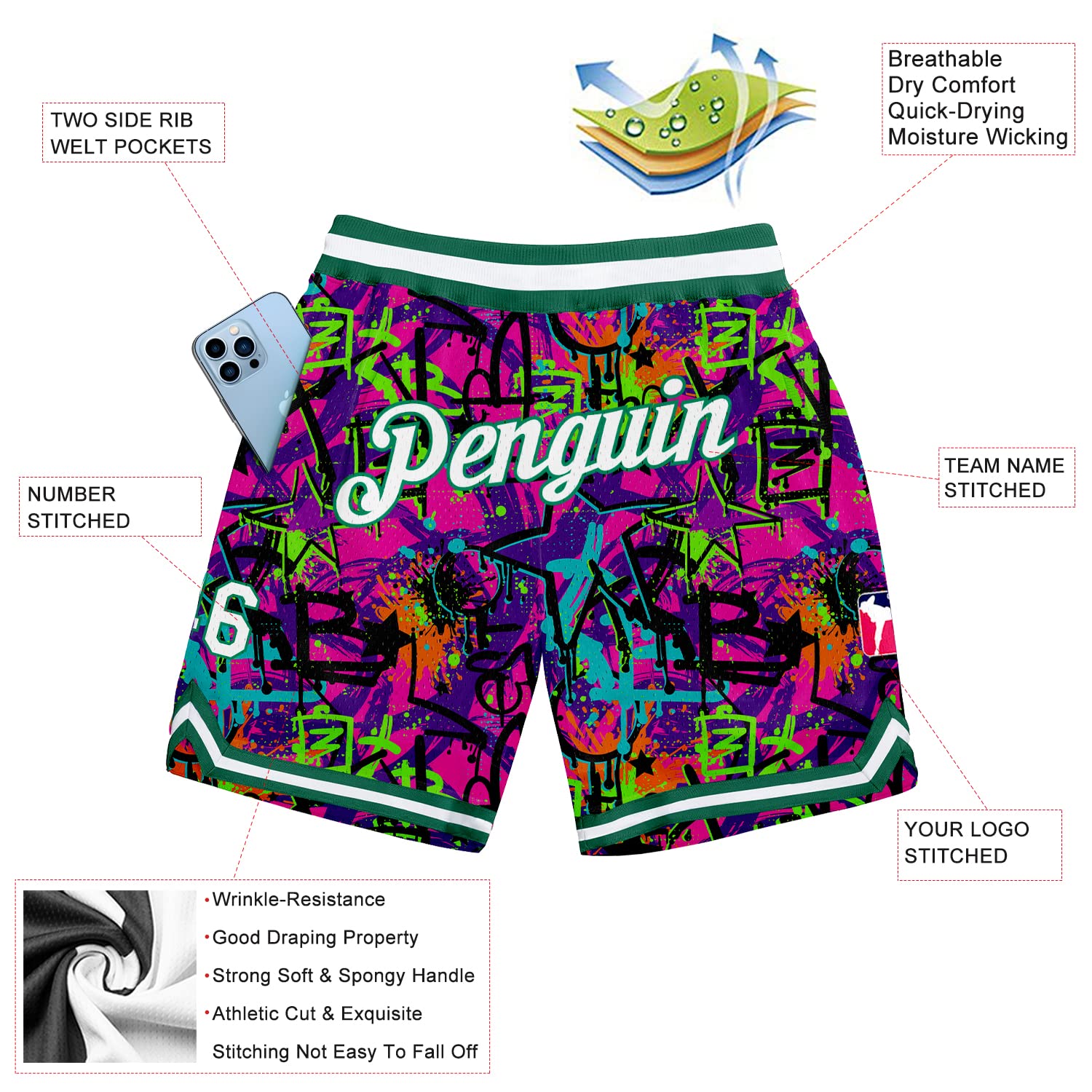 Custom Basketball Shorts for Men & Boys - Personalized Stitched Name & Number - S-3XL for Sports & Training