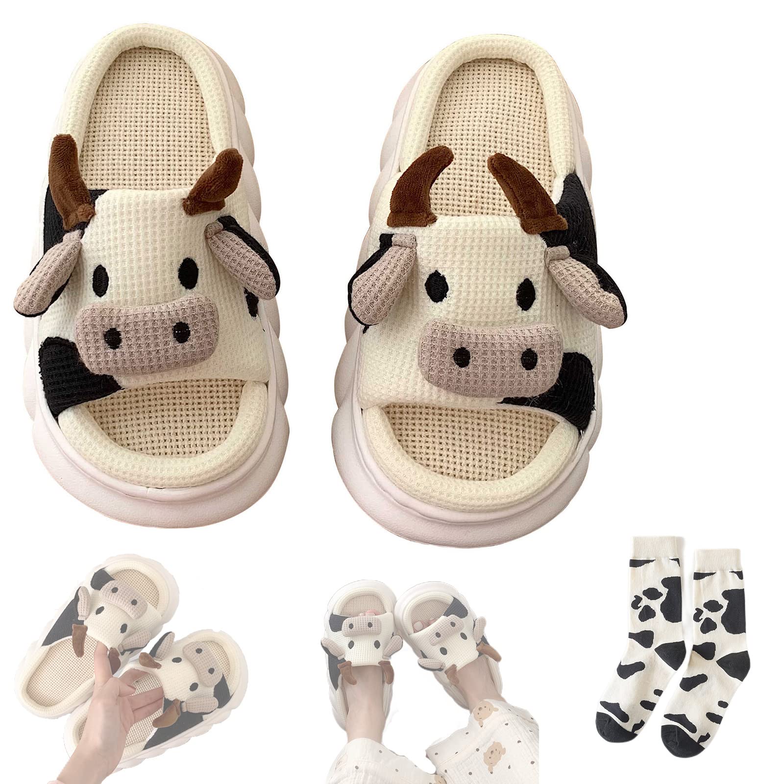 **Soft & Comfortable Cow Slippers for Women - Cute Cartoon Animal House Shoes, Mute Cow Linen Slides - Perfect for Relaxing at Home, Lounging & Gift Giving**