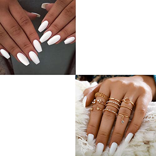 Twinklede Medium Coffin Press on Nails - White Ballerina Acrylic False Nails with Gold Stackable Knuckle Rings & Crystal Finger Rings for Women | Perfect for Parties, Weddings, and Special Occasions