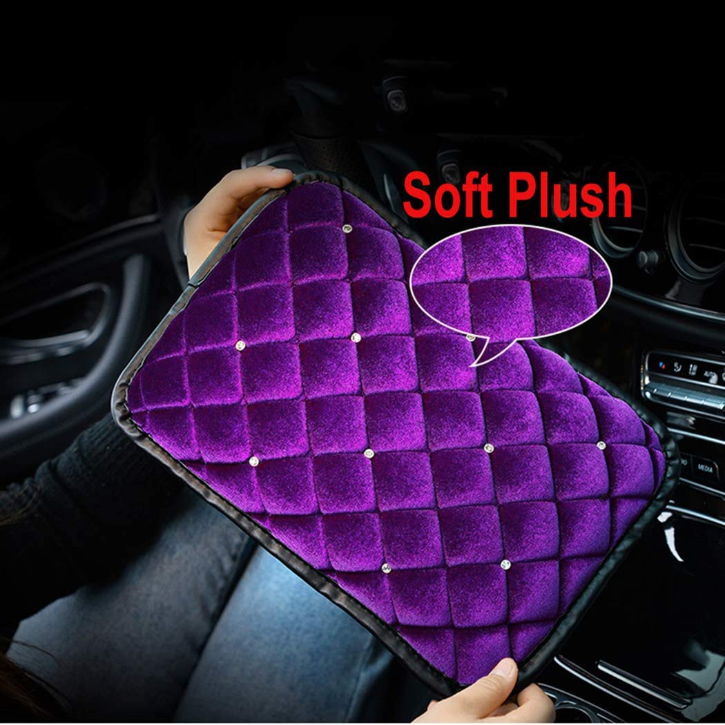 3-Pack Soft Plush Car Armrest Cover Protector - Universal Fit Bling Bling Auto Center Console Pad with Bonus Coasters (Purple) for Luxury Car Interior Protection & Comfort - Perfect for Road Trips, Daily Commute & Long Drives