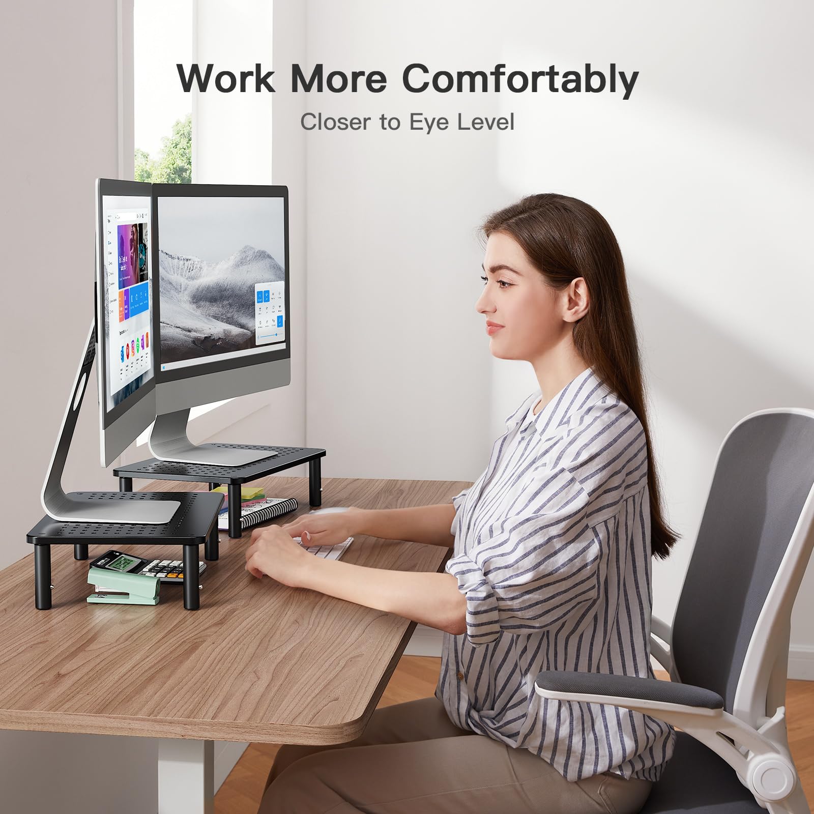 Adjustable Dual Monitor Stand for Desk - Black 2 Pack | Ergonomic Computer Monitor Riser with Height Adjustment | Perfect for Home Office, Gaming Setup & Workspace Organization