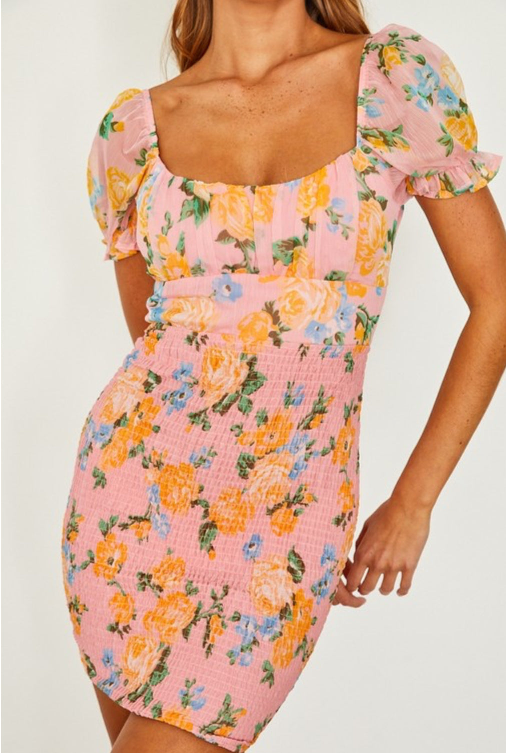 Saturn Short Sleeve Smocked Bodycon Mini Dress - Pink Floral Print for Women | Perfect for Summer Parties, Date Nights & Beach Vacations