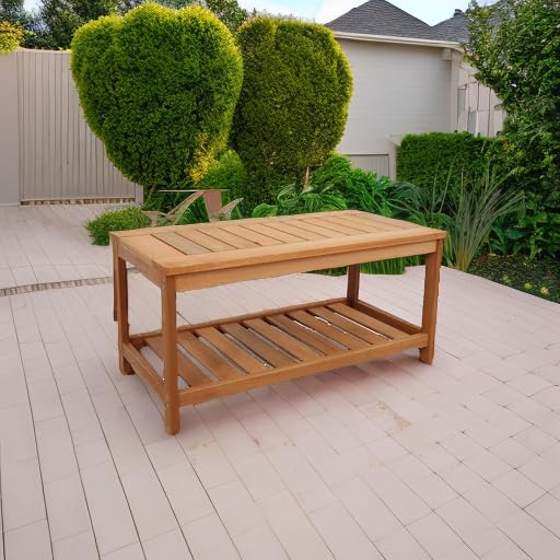 Sunnydaze 35-Inch Meranti Wood Outdoor Patio Coffee Table with Teak Oil Finish - Weather-Resistant for Garden, Poolside & Backyard Decor