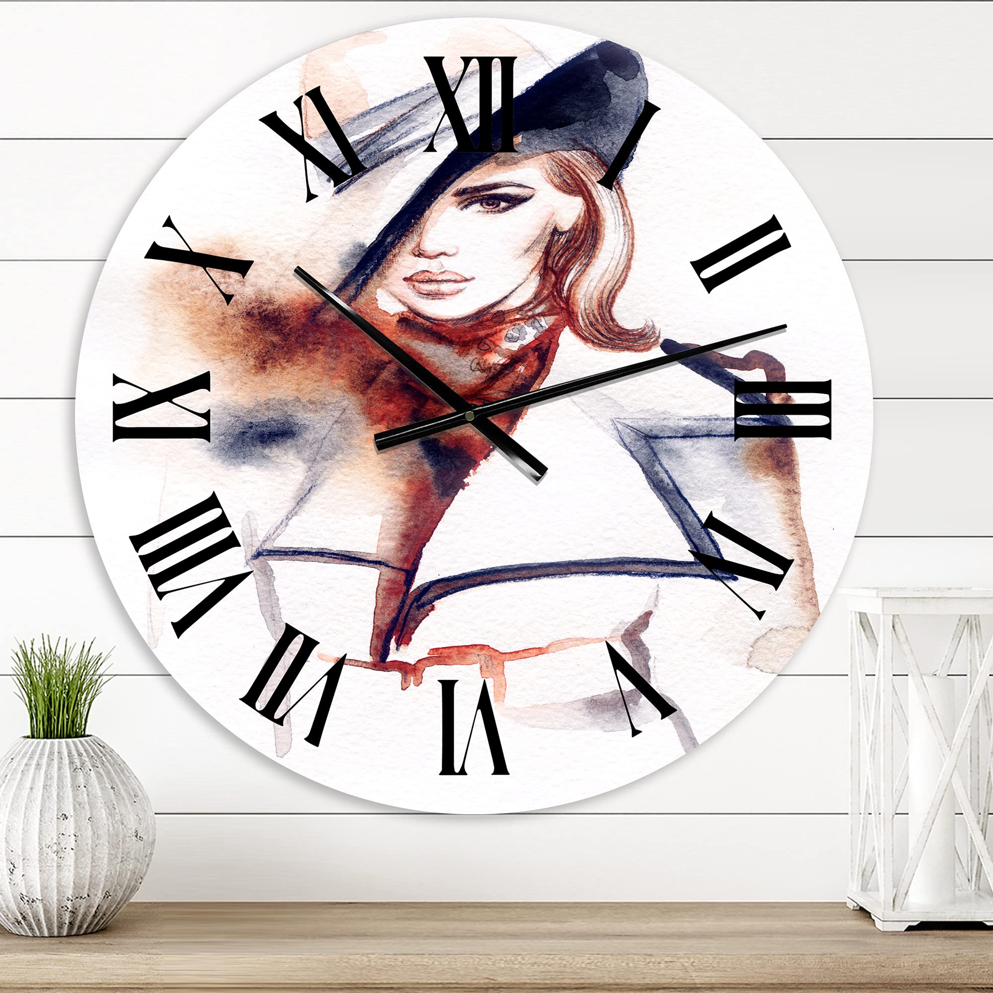 DesignQ Modern Large Wall Clock - Fashion Portrait of Woman with Hat - Elegant Kitchen Decor & Home Office Wall Art - Perfect for Living Room, Bedroom, and Dining Area Decoration